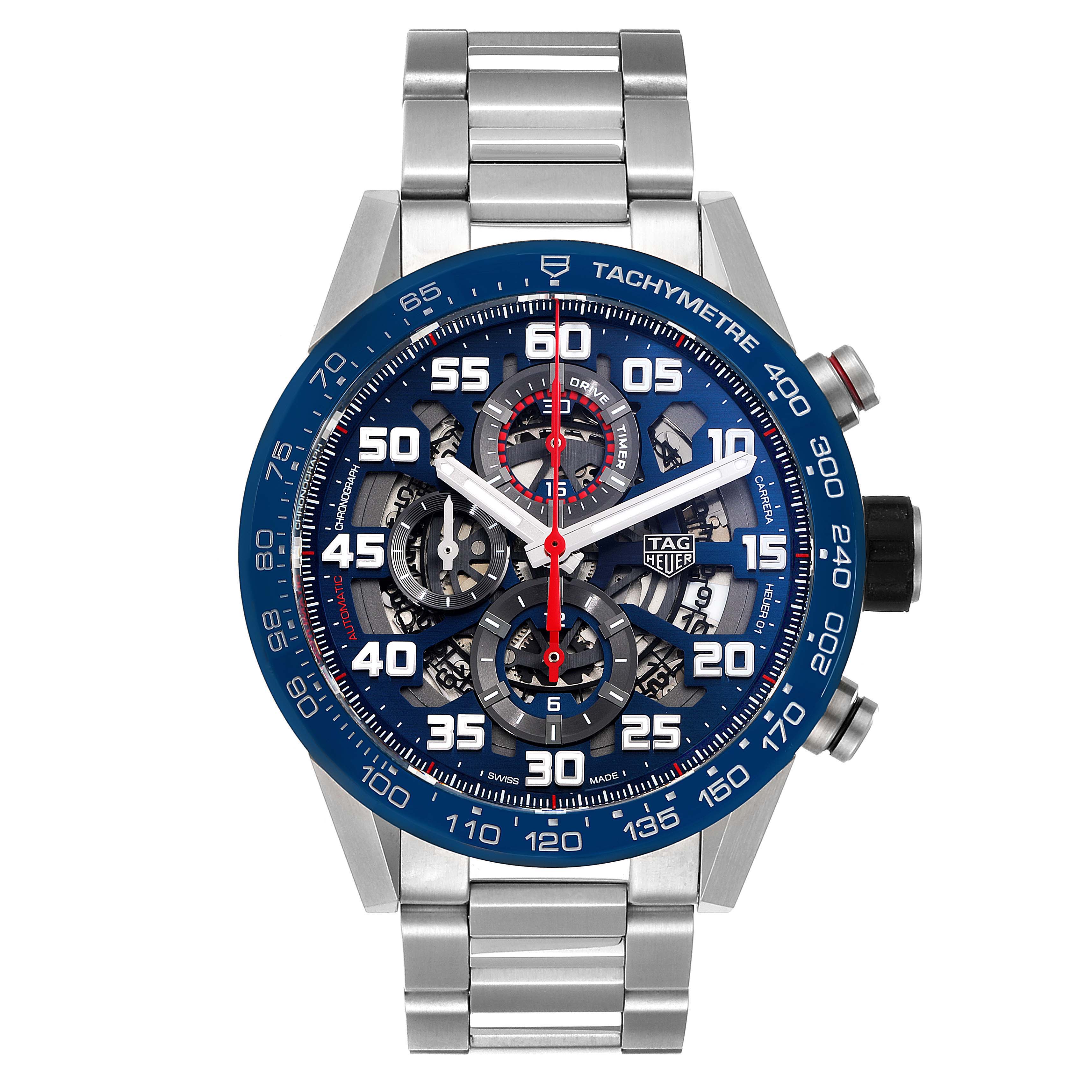 The Tag Heuer Carrera CAR2A1K.BA0703 Men
s Stainless Steel Blue Dial CAR2A1K.BA0703 Men
s Stainless Steel Blue Dial watch is shown from a top-down angle, revealing the face, bezel, and metal bracelet.