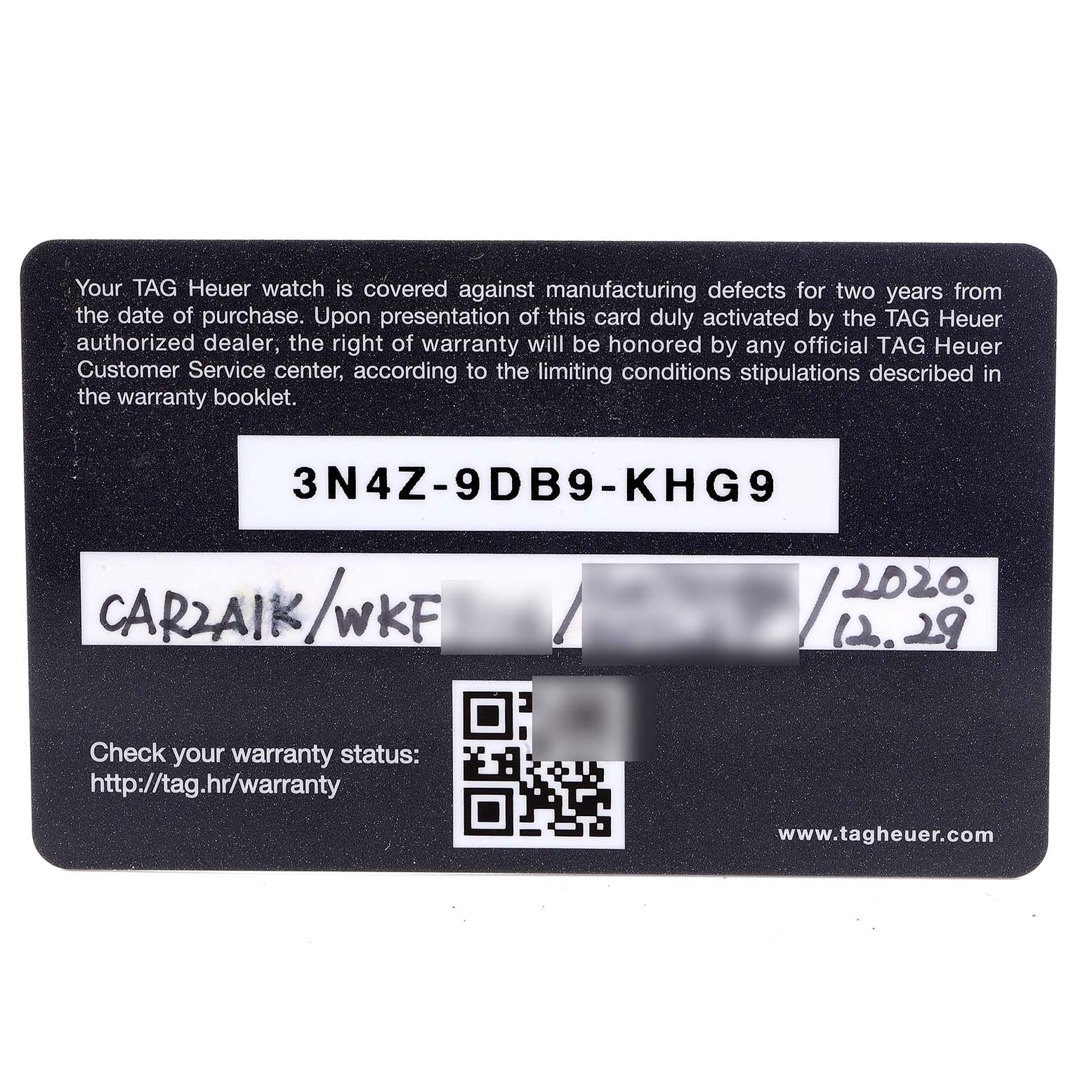 This image shows a warranty card for a Tag Heuer Carrera CAR2A1K.BA0703 Men
s Stainless Steel Blue Dial CAR2A1K.BA0703 Men
s Stainless Steel Blue Dial model watch.