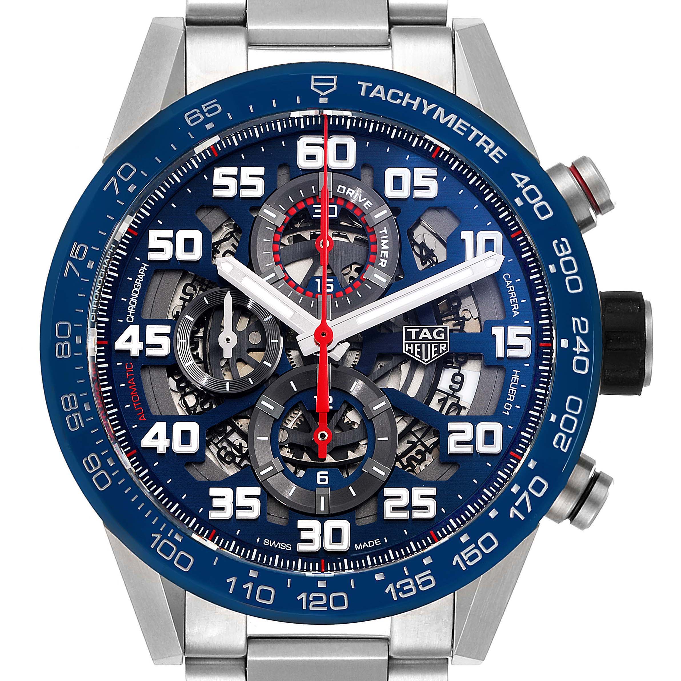The image shows a frontal view of the Tag Heuer Carrera CAR2A1K.BA0703 Men
s Stainless Steel Blue Dial CAR2A1K.BA0703 Men
s Stainless Steel Blue Dial watch, highlighting its detailed dial and tachymetre bezel.