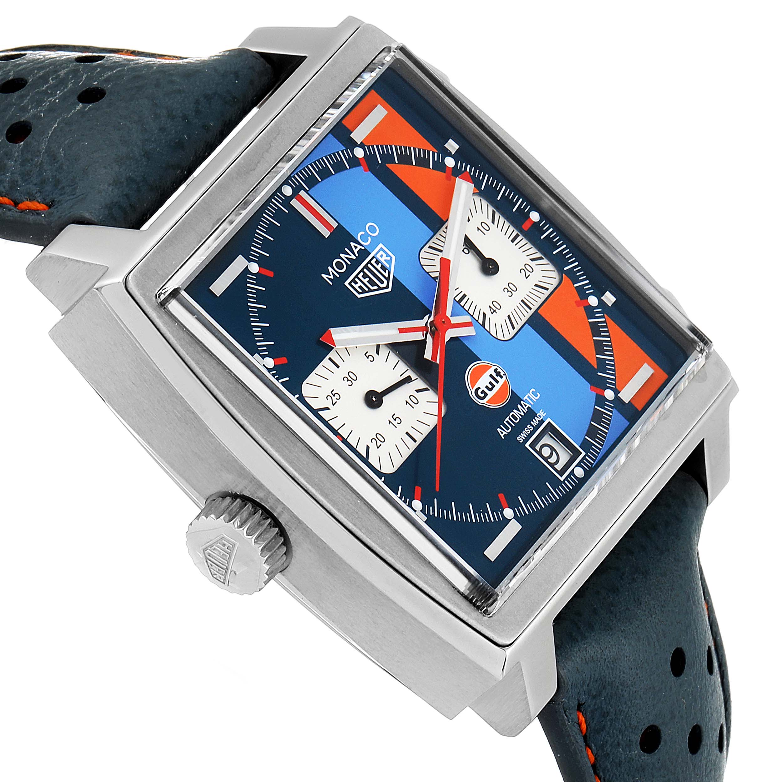 This image shows the Tag Heuer Monaco CAW211R.FC6401 Men's Stainless Steel Blue Dial CAW211R.FC6401 Men's Stainless Steel Blue Dial model watch from an angled side view, highlighting its case, dial, and strap.
