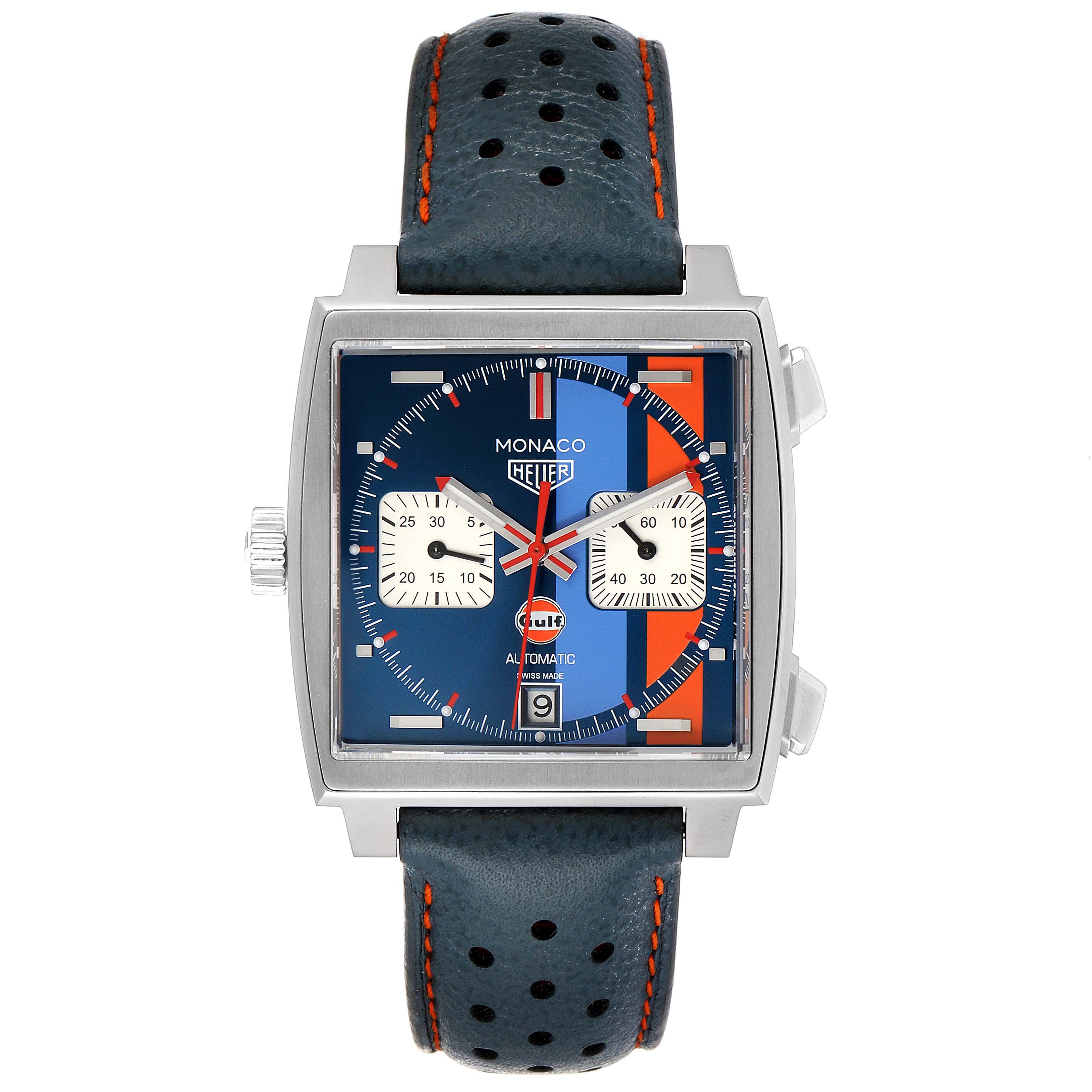 The image shows a front view of the Tag Heuer Monaco CAW211R.FC6401 Men's Stainless Steel Blue Dial CAW211R.FC6401 Men's Stainless Steel Blue Dial watch, highlighting its square dial, blue strap, and chronograph features.