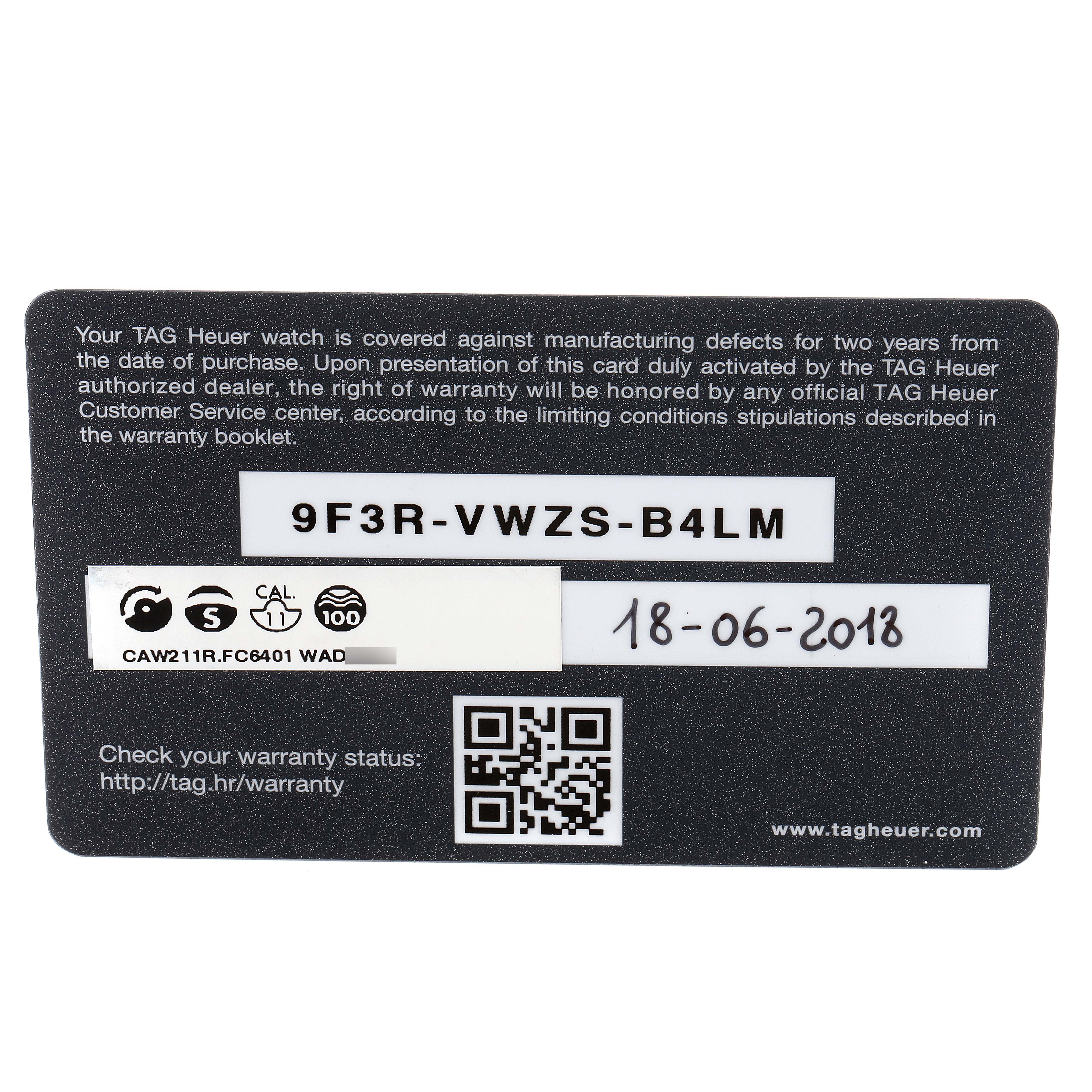 The image shows a warranty card for the Monaco model by TAG Heuer, including the serial number and purchase date.