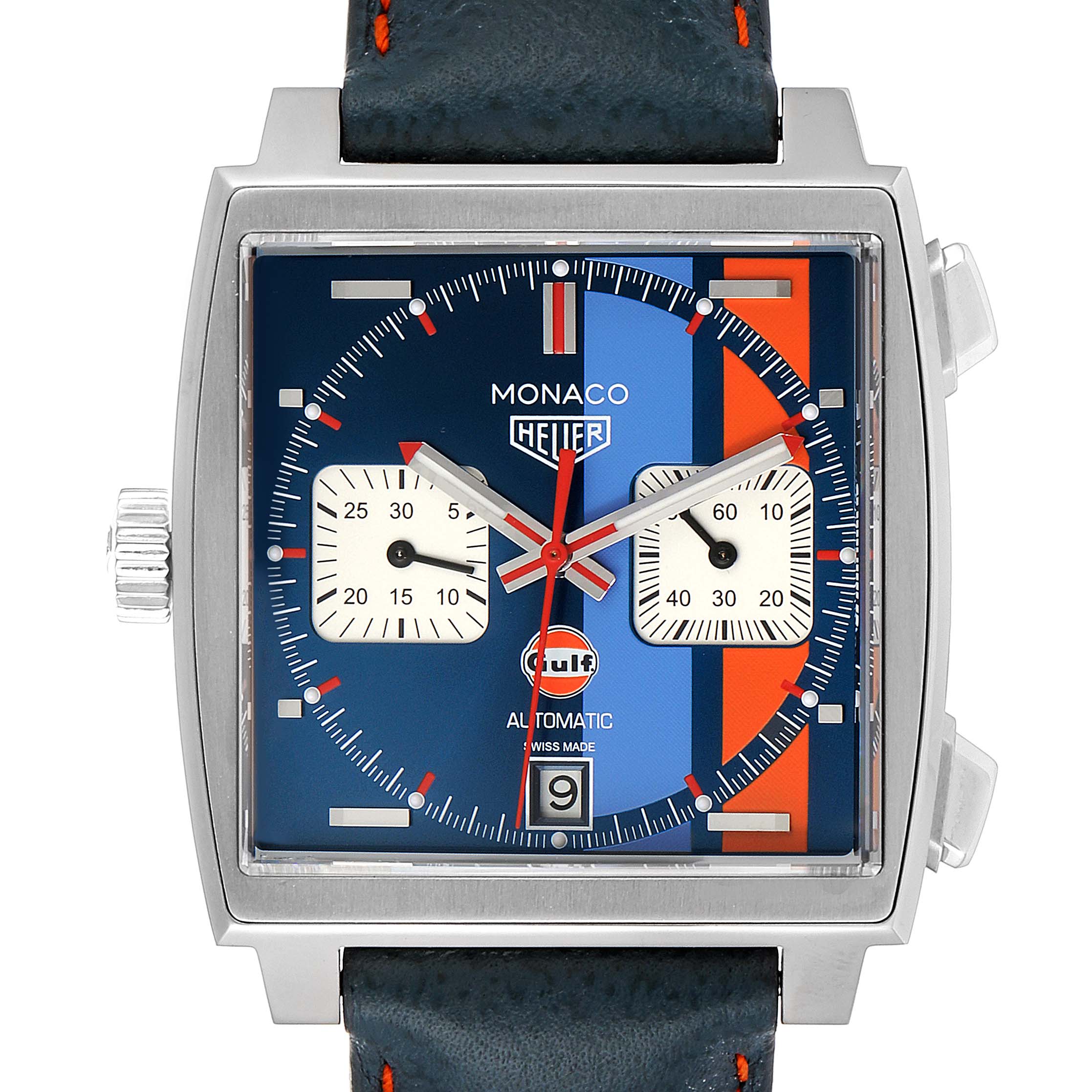 The image shows a front view of the Tag Heuer Monaco CAW211R.FC6401 Men's Stainless Steel Blue Dial CAW211R.FC6401 Men's Stainless Steel Blue Dial watch, highlighting its square dial and chronograph features.