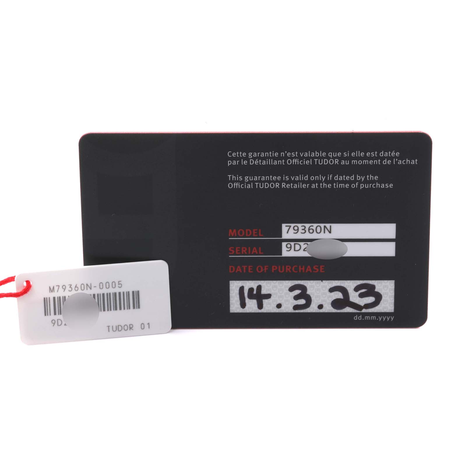 The image shows a Tudor Heritage Chrono 79360N Men's Stainless Steel Black Dial 79360N Men's Stainless Steel Black Dial warranty card with model and serial number details.