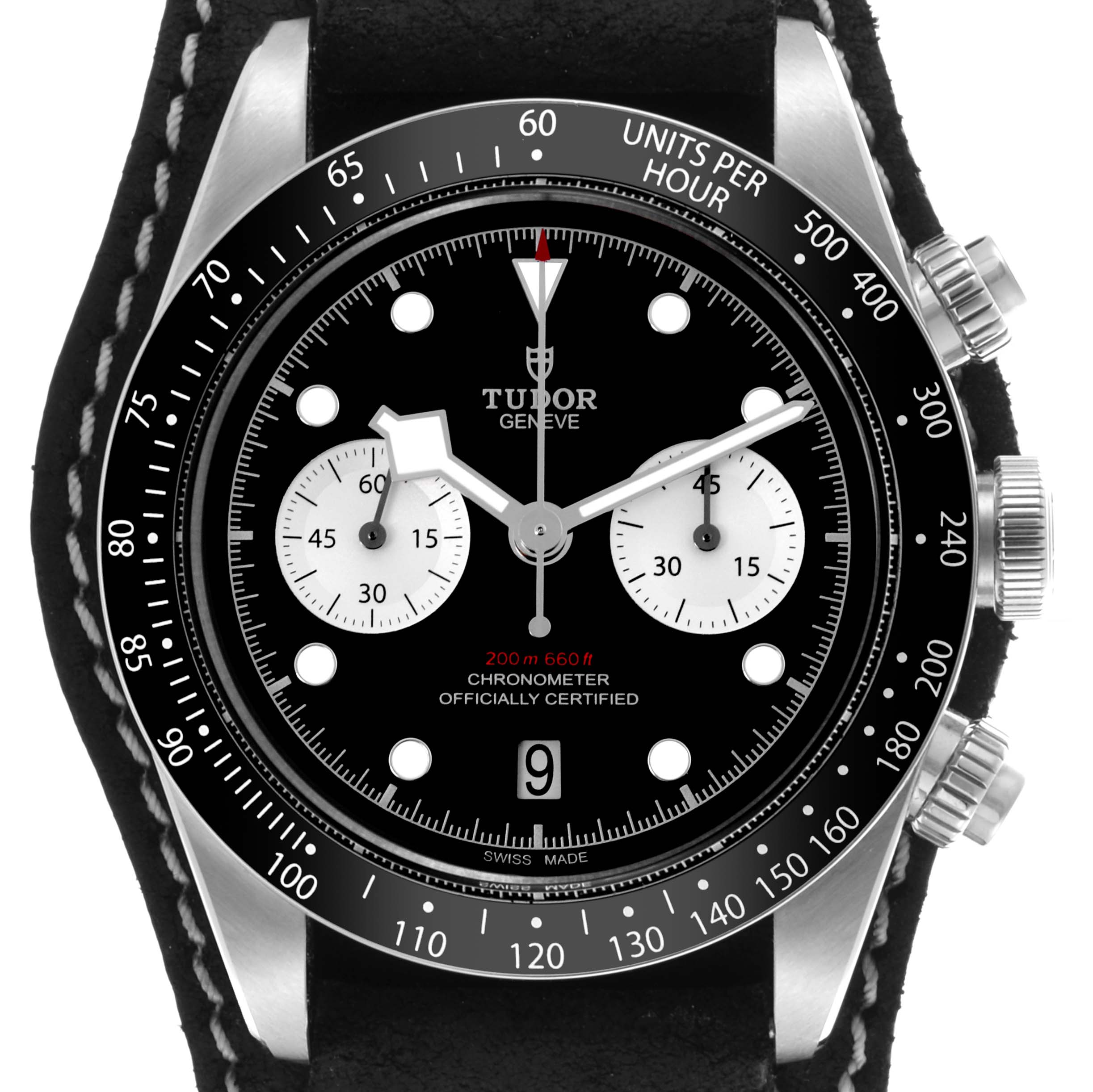 The Tudor Heritage Chrono 79360N Men's Stainless Steel Black Dial 79360N Men's Stainless Steel Black Dial watch is shown from a frontal angle, highlighting the bezel, dial, subdials, and crown.