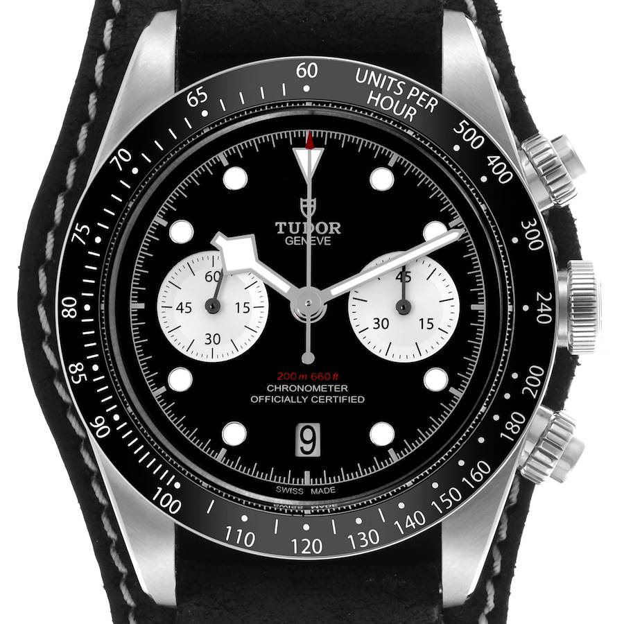 The Tudor Heritage Chrono watch is shown from a frontal angle, highlighting the bezel, dial, subdials, and crown.
