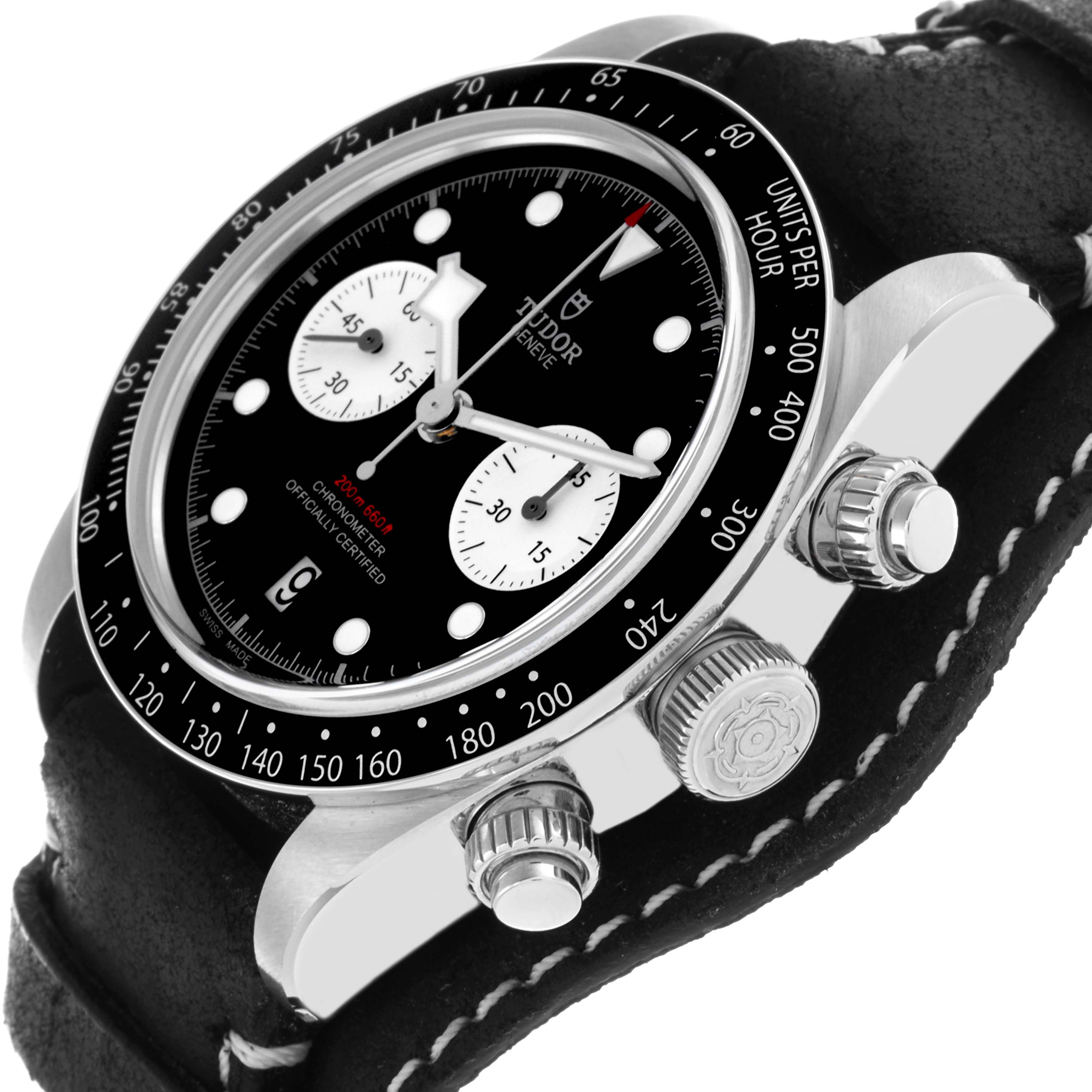 The image shows the Tudor Heritage Chrono 79360N Men's Stainless Steel Black Dial 79360N Men's Stainless Steel Black Dial watch at a slight angled side view, highlighting the dial, bezel, and crown.