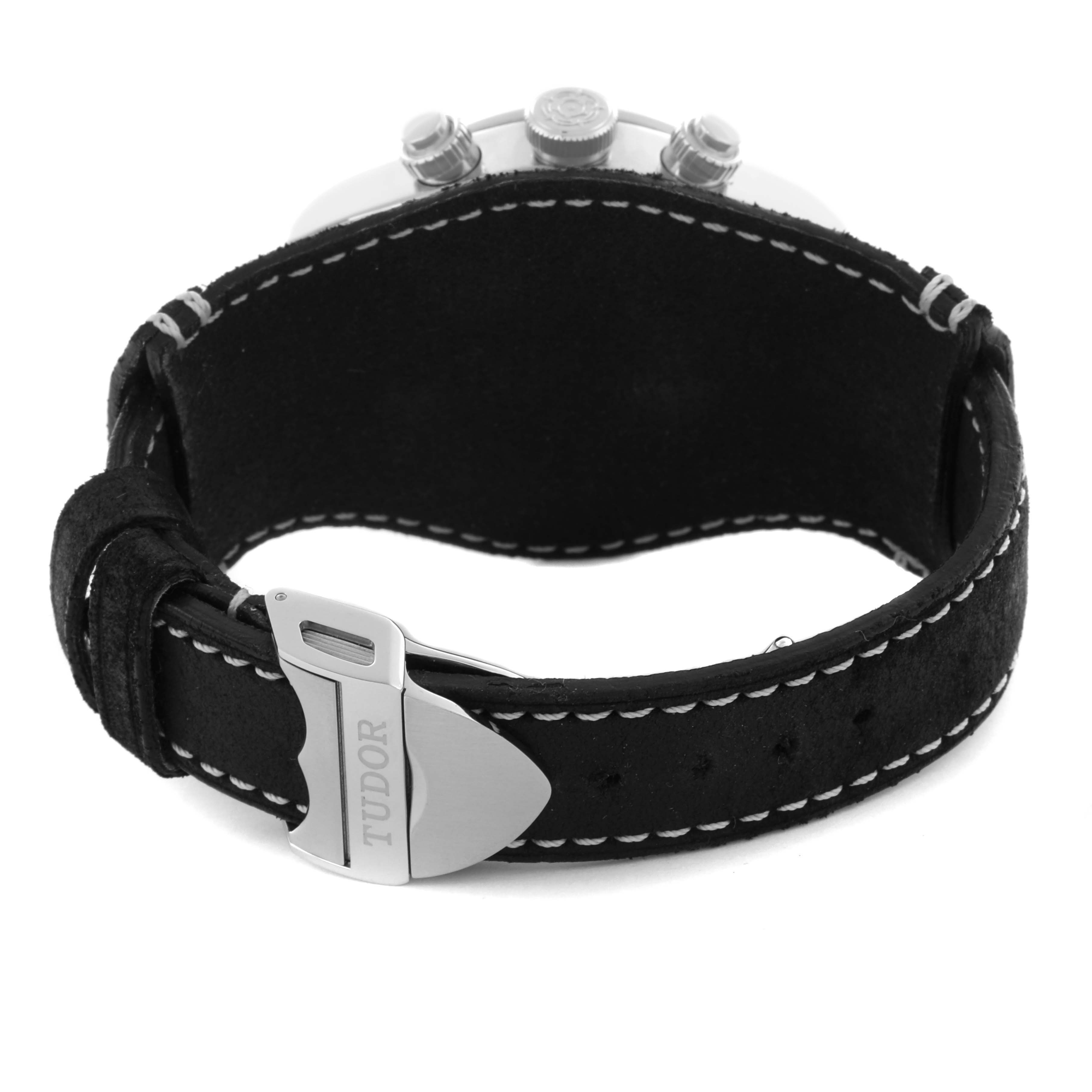 The image shows the back view of a Tudor Heritage Chrono 79360N Men's Stainless Steel Black Dial 79360N Men's Stainless Steel Black Dial watch, highlighting the black leather strap and buckle.