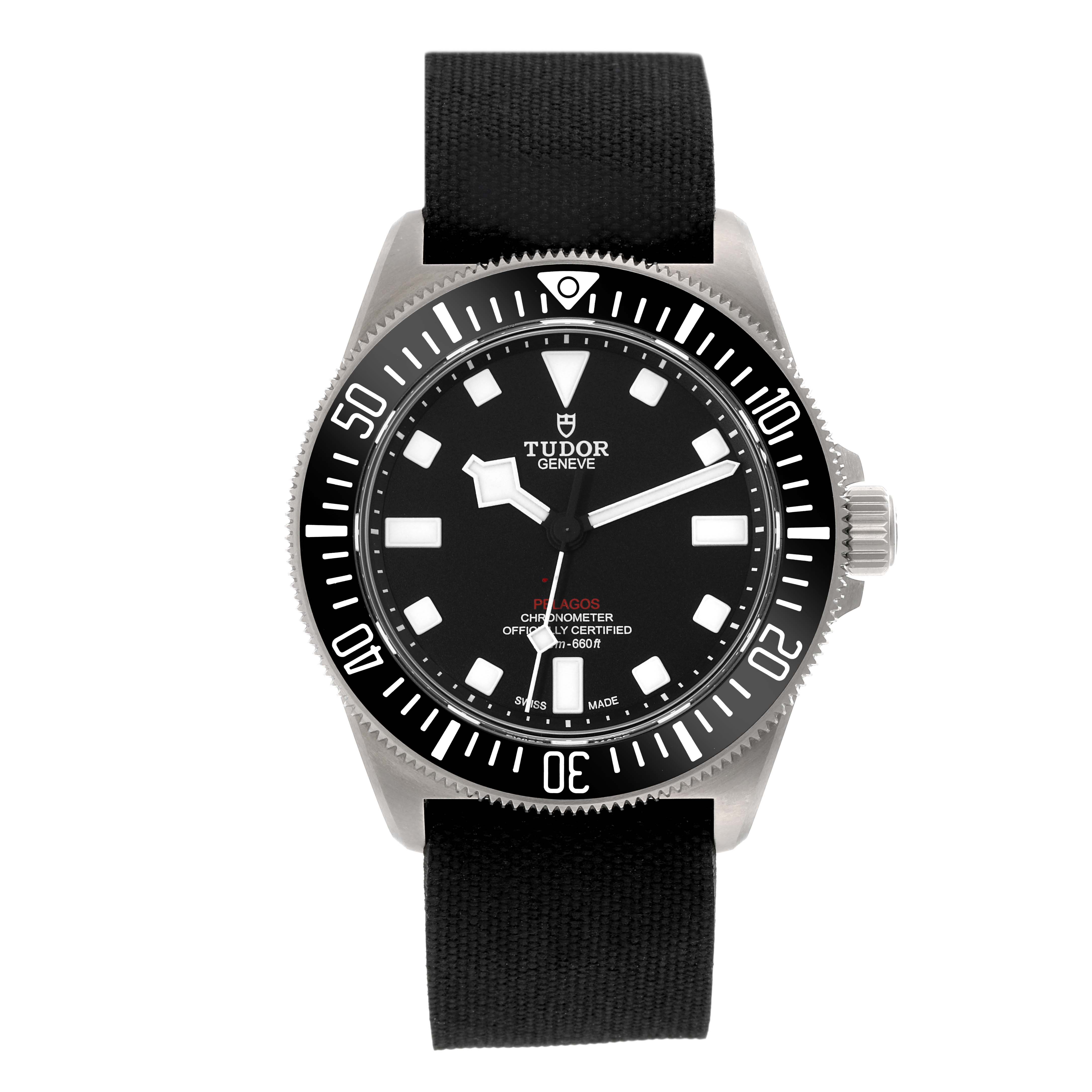 The image shows a front view of a Tudor Pelagos M25717N-0001 Men
s Titanium Black Dial M25717N-0001 Men
s Titanium Black Dial watch with a black dial and black fabric strap.
