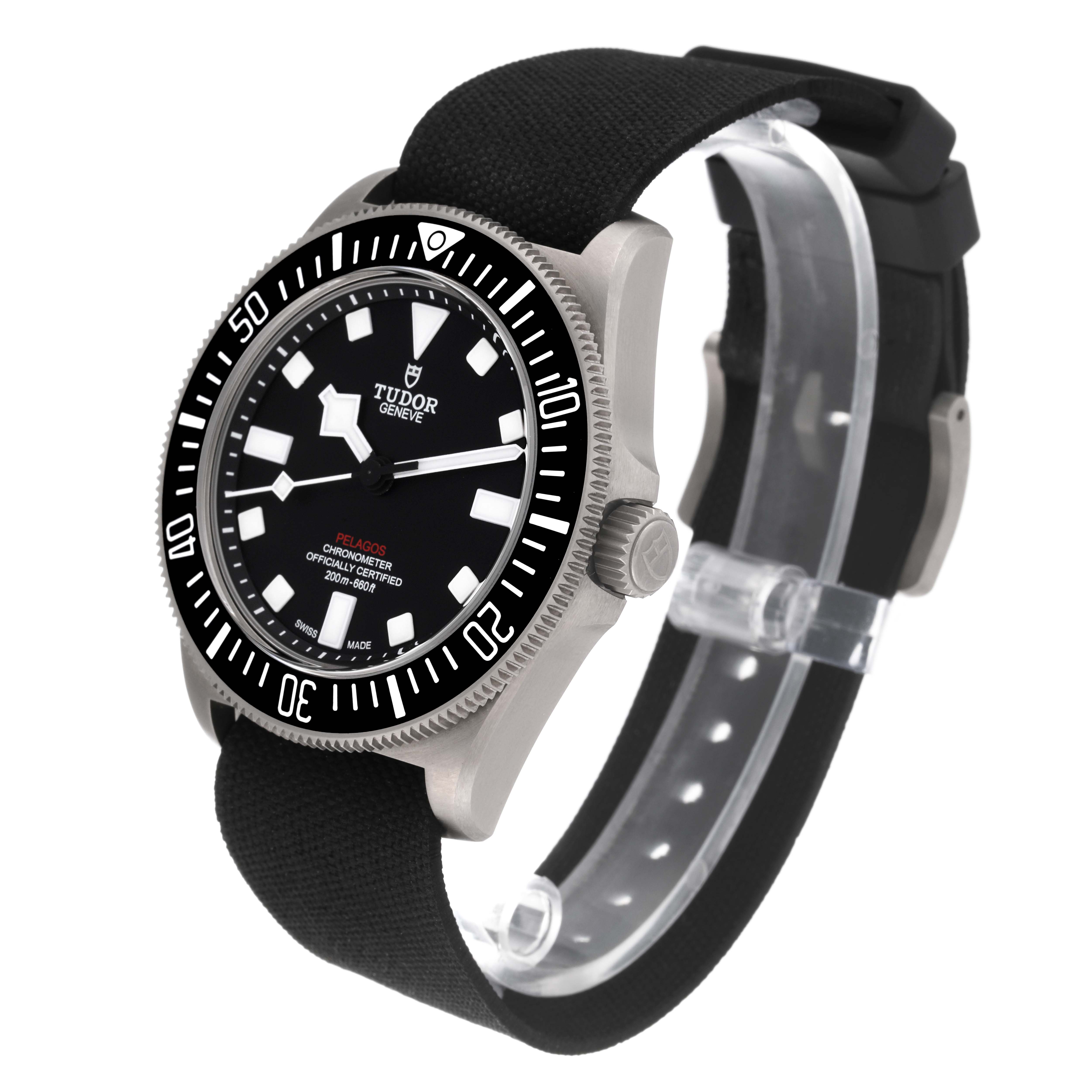 The Tudor Pelagos M25717N-0001 Men
s Titanium Black Dial M25717N-0001 Men
s Titanium Black Dial watch is shown from a front-angle view, highlighting its dial, bezel, and black strap.
