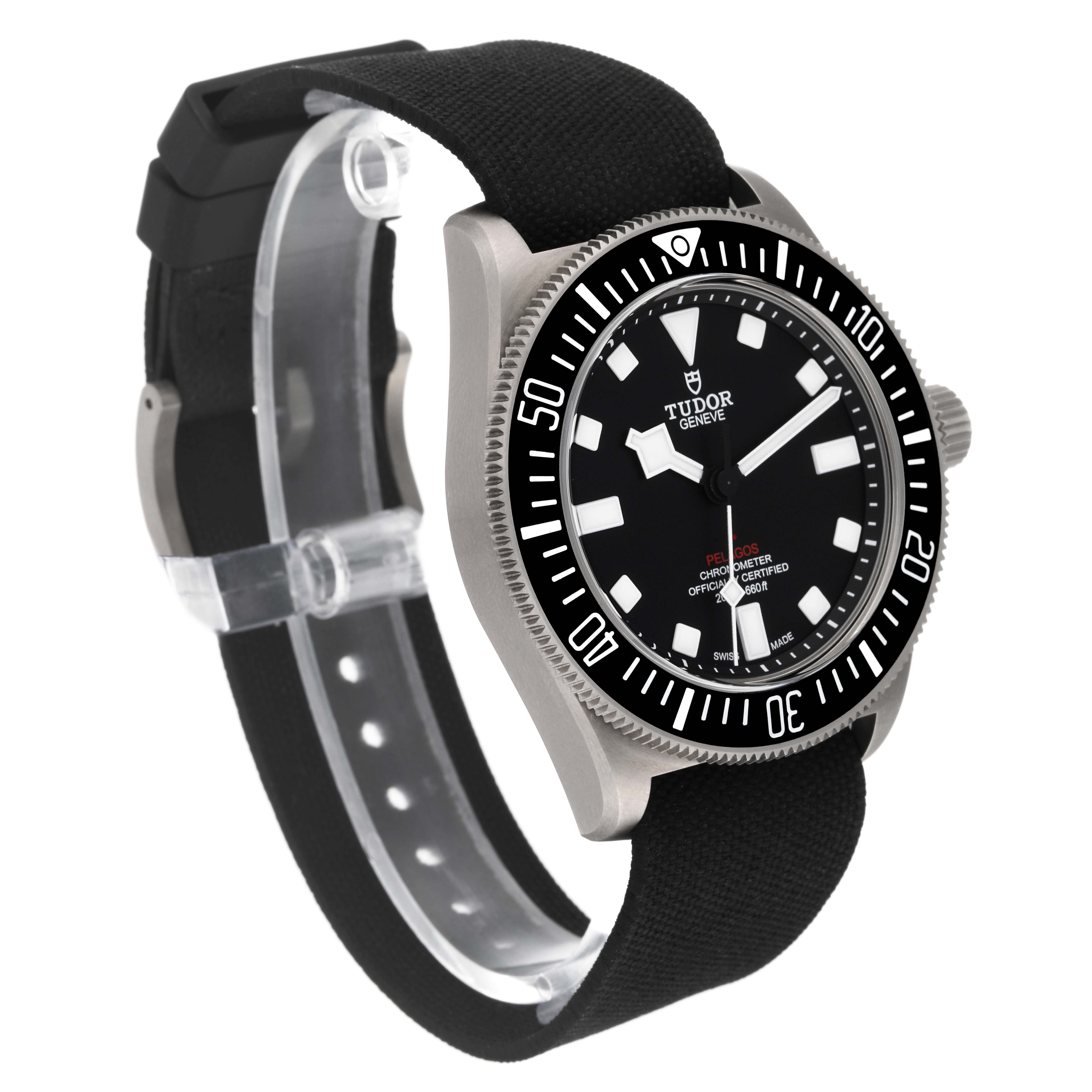 This image shows a Tudor Pelagos M25717N-0001 Men
s Titanium Black Dial M25717N-0001 Men
s Titanium Black Dial watch displaying the face, bezel, and strap at a three-quarter angle.