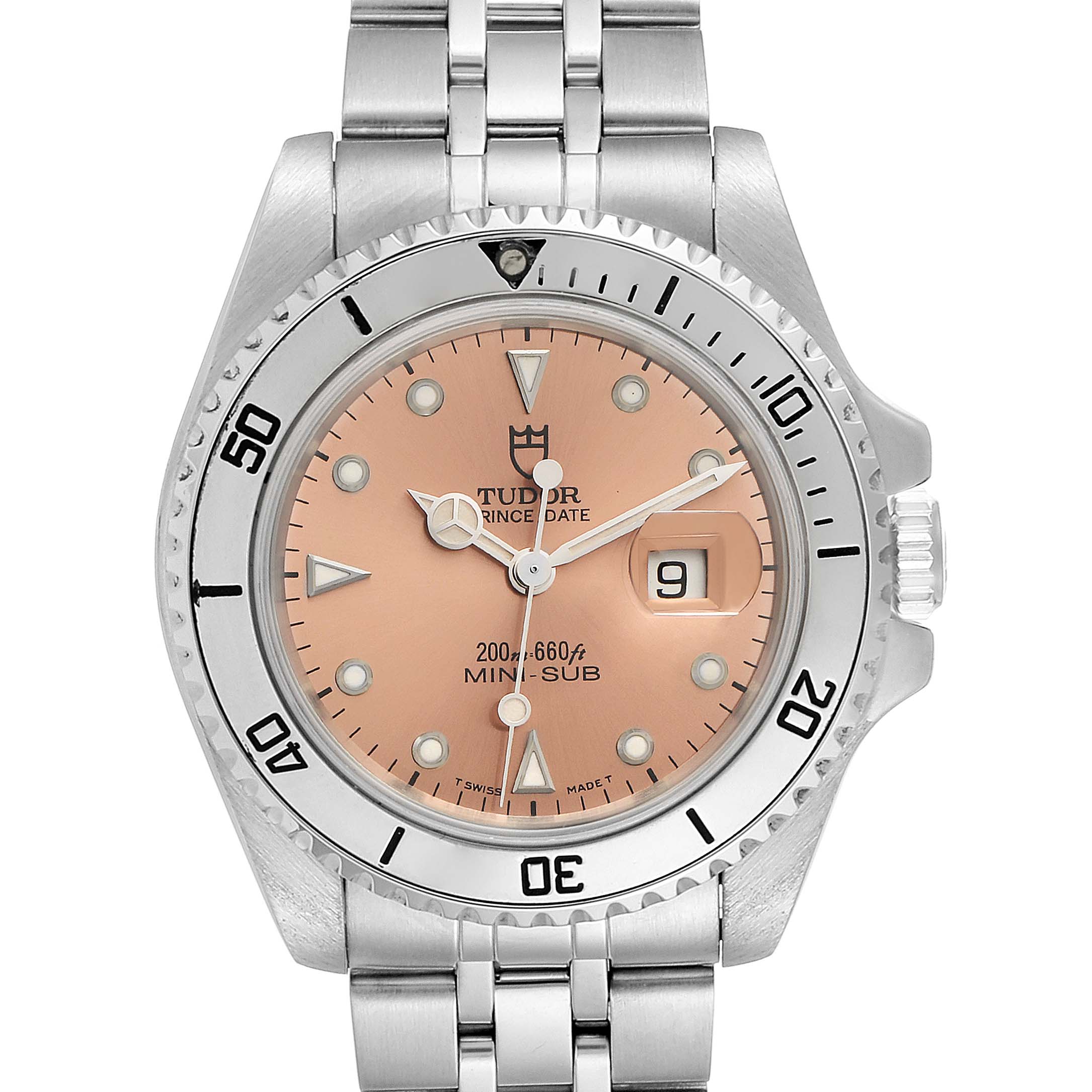The image shows a front view of the Tudor Submariner 73190 Men's Stainless Steel Pink Dial 73190 Men's Stainless Steel Pink Dial wristwatch, highlighting the dial, bezel, and bracelet.