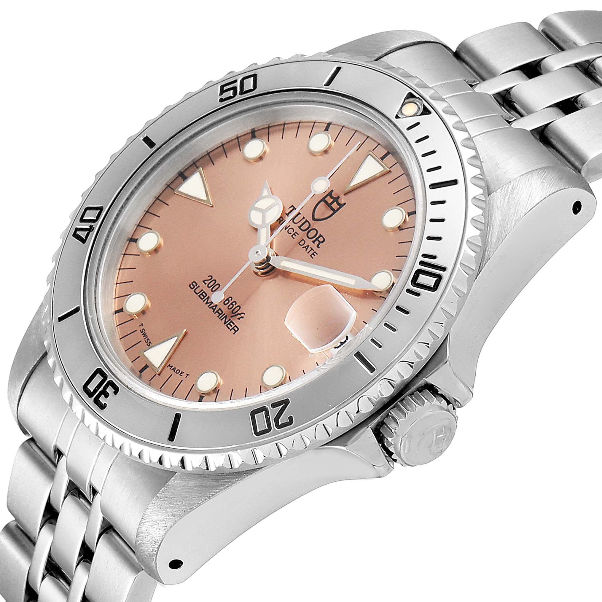 The image shows a close-up, angled view of the Tudor Submariner 75190 Men's Stainless Steel Pink Dial 75190 Men's Stainless Steel Pink Dial watch, highlighting its dial, bezel, crown, and part of the bracelet.