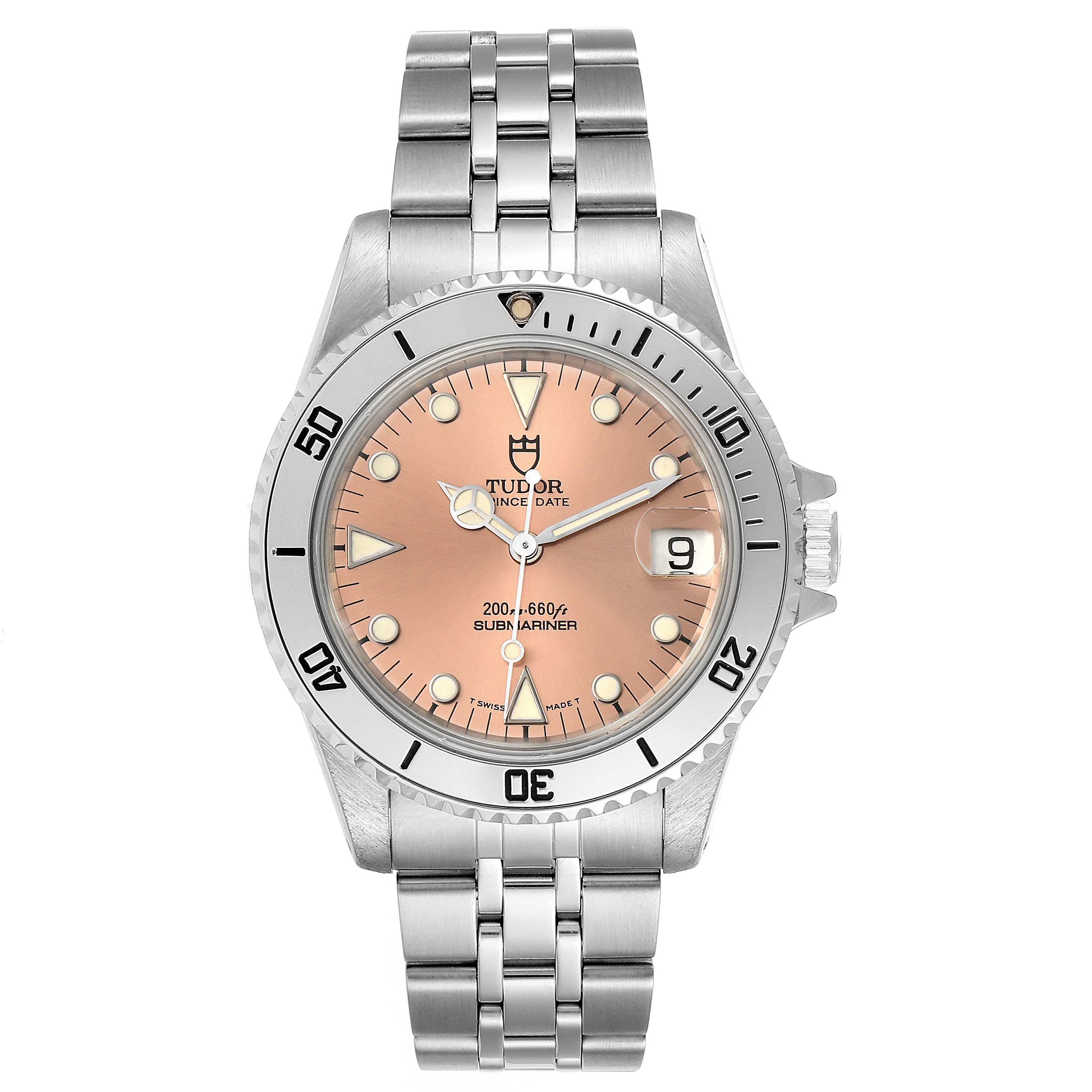 This image shows a front view of a Tudor Submariner 75190 Men's Stainless Steel Pink Dial 75190 Men's Stainless Steel Pink Dial watch displaying the dial, bezel, crown, and entire bracelet.