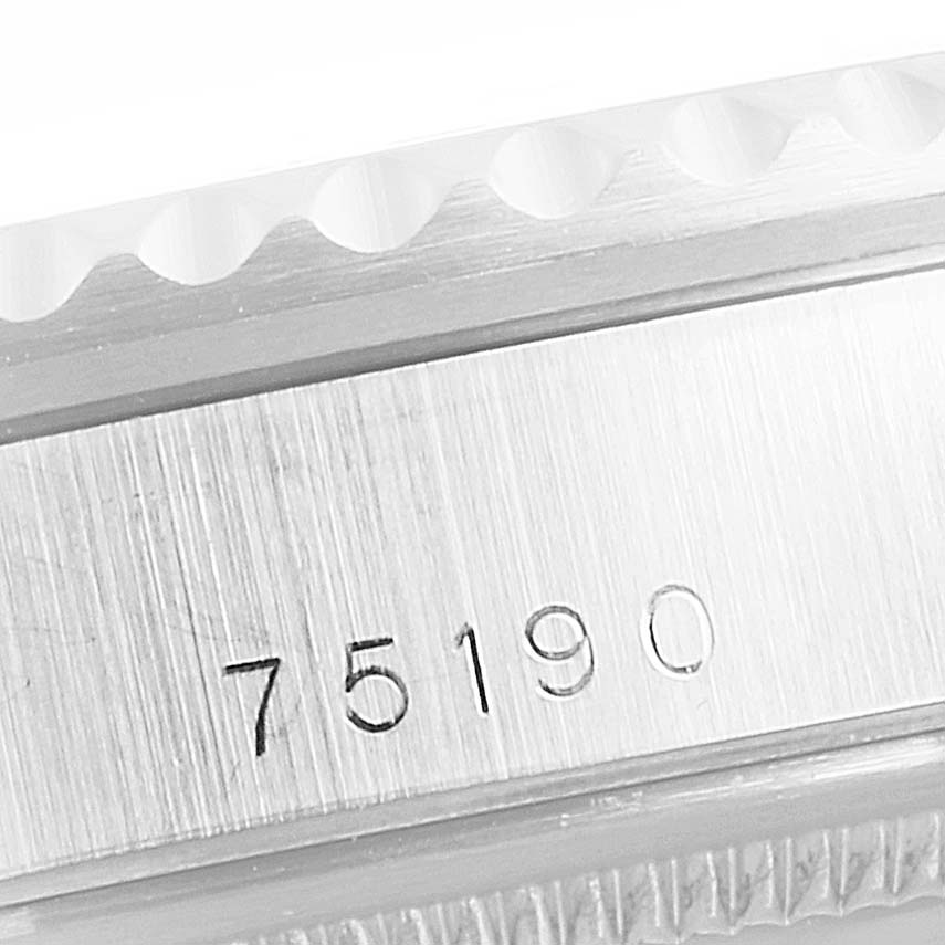 This image shows a close-up of the case side of a Tudor Submariner 75190 Men's Stainless Steel Pink Dial 75190 Men's Stainless Steel Pink Dial watch featuring the engraved model number 75190.