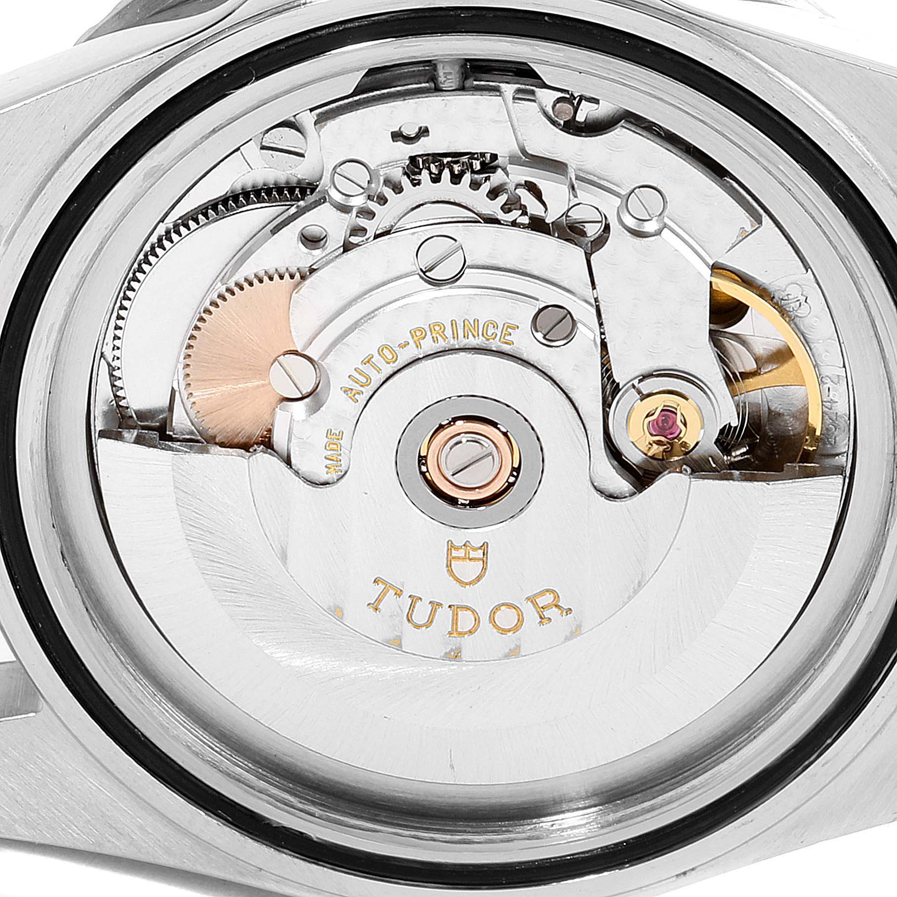 The image shows the caseback view of the Tudor Submariner 75190 Men's Stainless Steel Pink Dial 75190 Men's Stainless Steel Pink Dial watch, revealing its automatic movement mechanism.