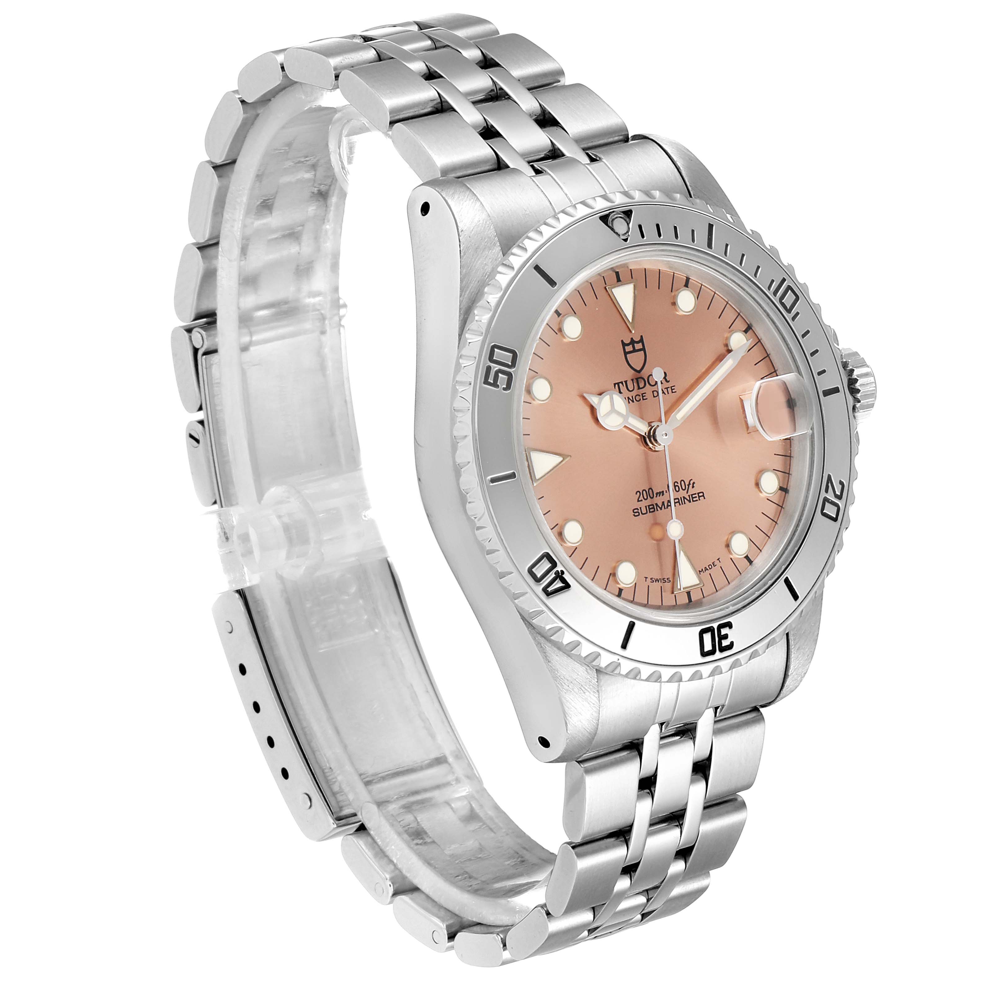 The Tudor Submariner 75190 Men's Stainless Steel Pink Dial 75190 Men's Stainless Steel Pink Dial watch is shown at a three-quarter angle, highlighting its face, bezel, and bracelet.
