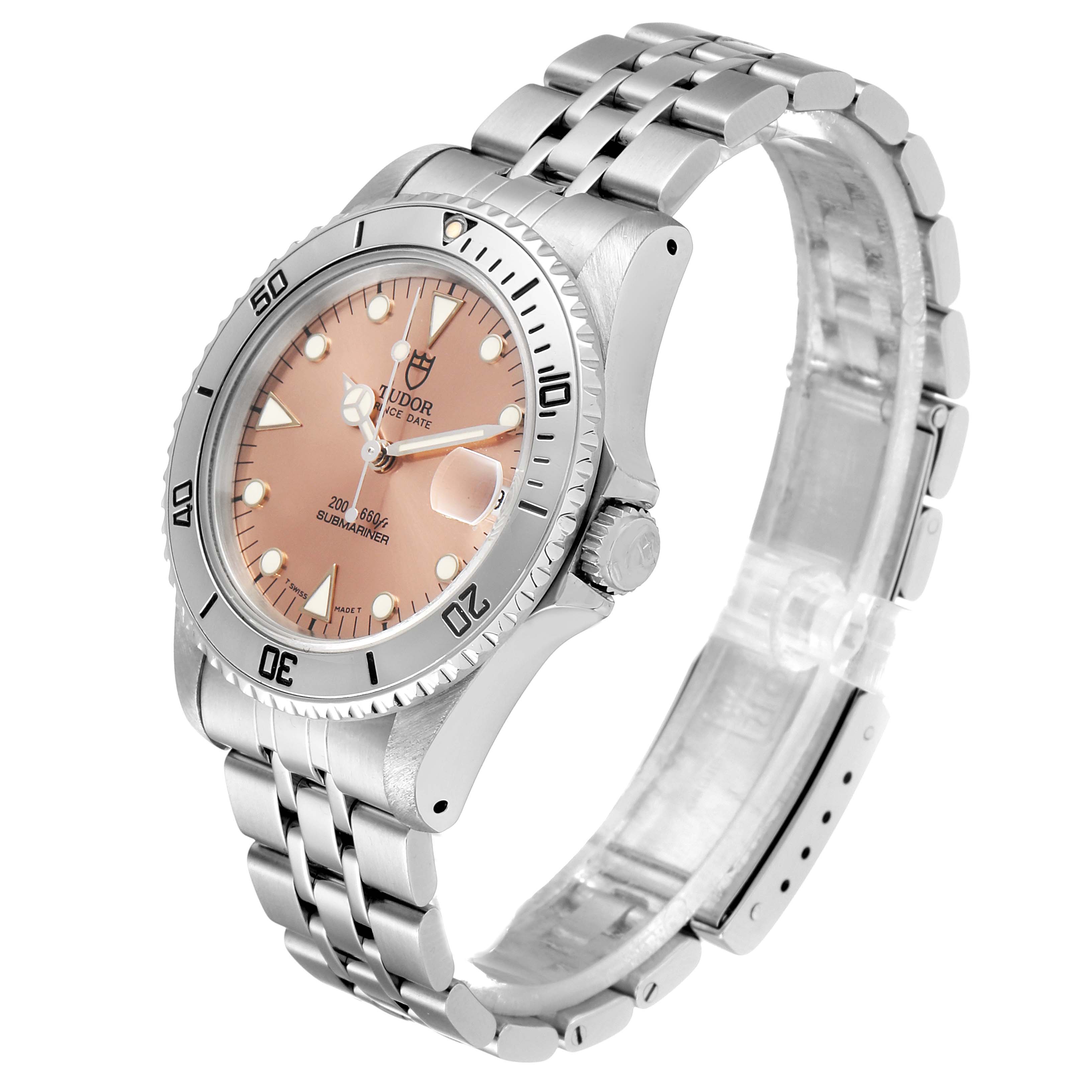 This image shows a Tudor Submariner 75190 Men's Stainless Steel Pink Dial 75190 Men's Stainless Steel Pink Dial watch angled slightly to the side, displaying the face, bezel, crown, and part of the bracelet.