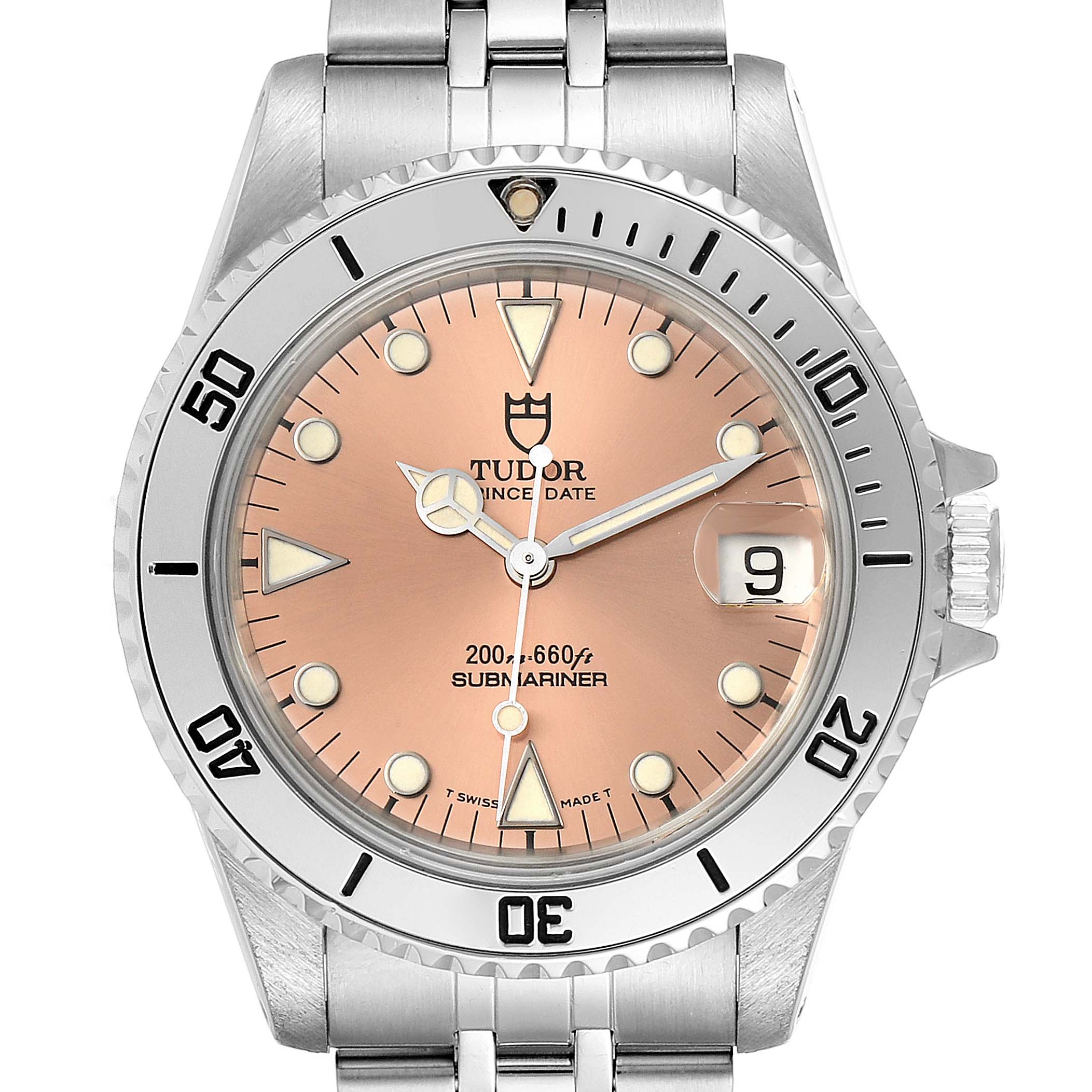 This Tudor Submariner 75190 Men's Stainless Steel Pink Dial 75190 Men's Stainless Steel Pink Dial watch is shown from a front angle, displaying the face, bezel, and part of the stainless steel bracelet.