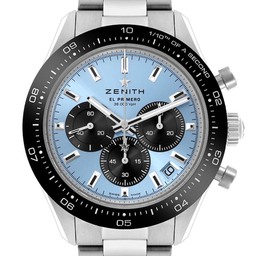 The Zenith Chronomaster watch is shown from the front, displaying the face, dials, bezel, and part of the stainless steel bracelet.