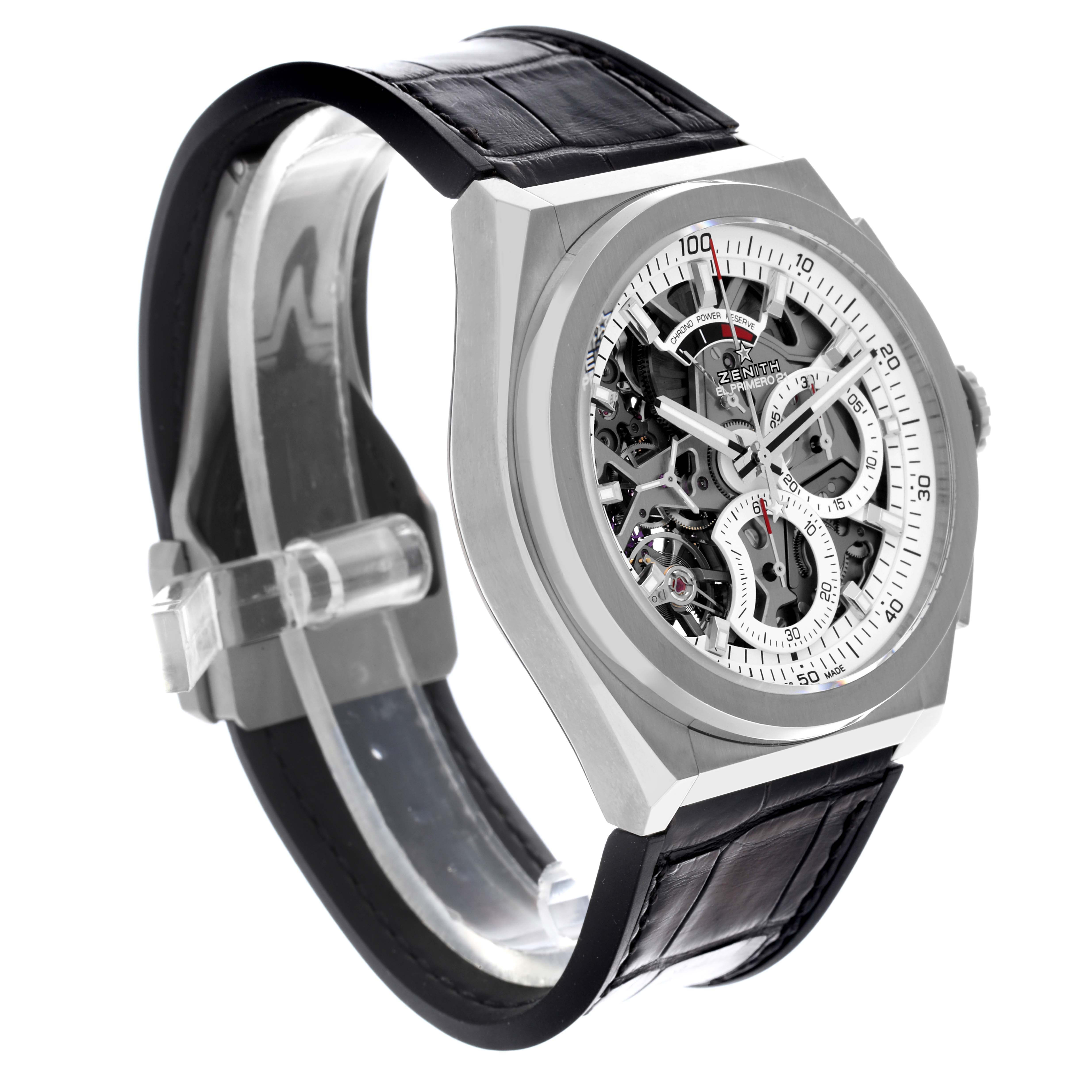 The Zenith Defy 95.9003.9004/78.R588 Men's Titanium Transparent Dial 95.9003.9004/78.R588 Men's Titanium Transparent Dial watch is shown from a front angle, highlighting its skeleton dial and black leather strap.