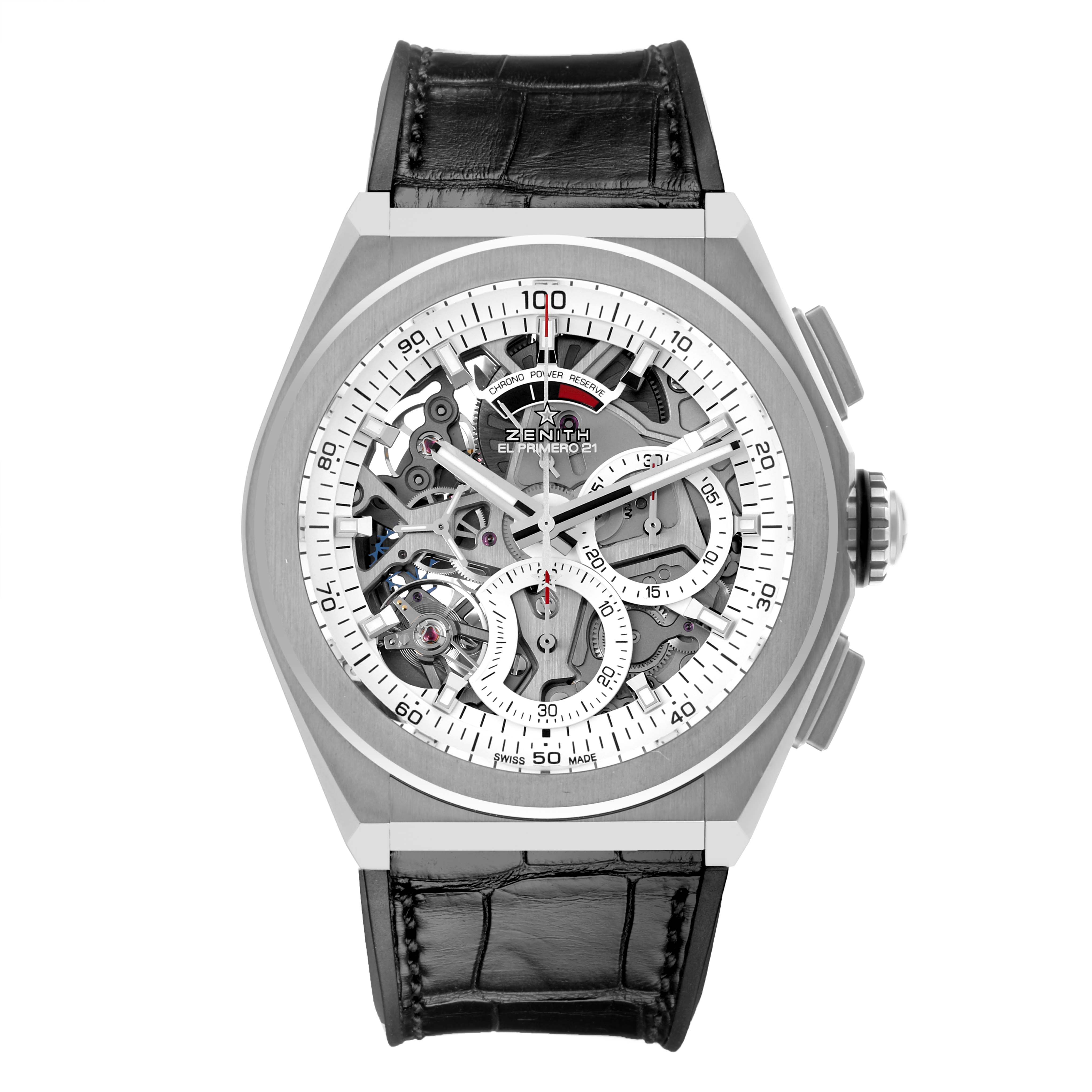 The image shows a front view of the Zenith Defy 95.9003.9004/78.R588 Men's Titanium Transparent Dial 95.9003.9004/78.R588 Men's Titanium Transparent Dial model, displaying its skeleton dial and black leather strap.