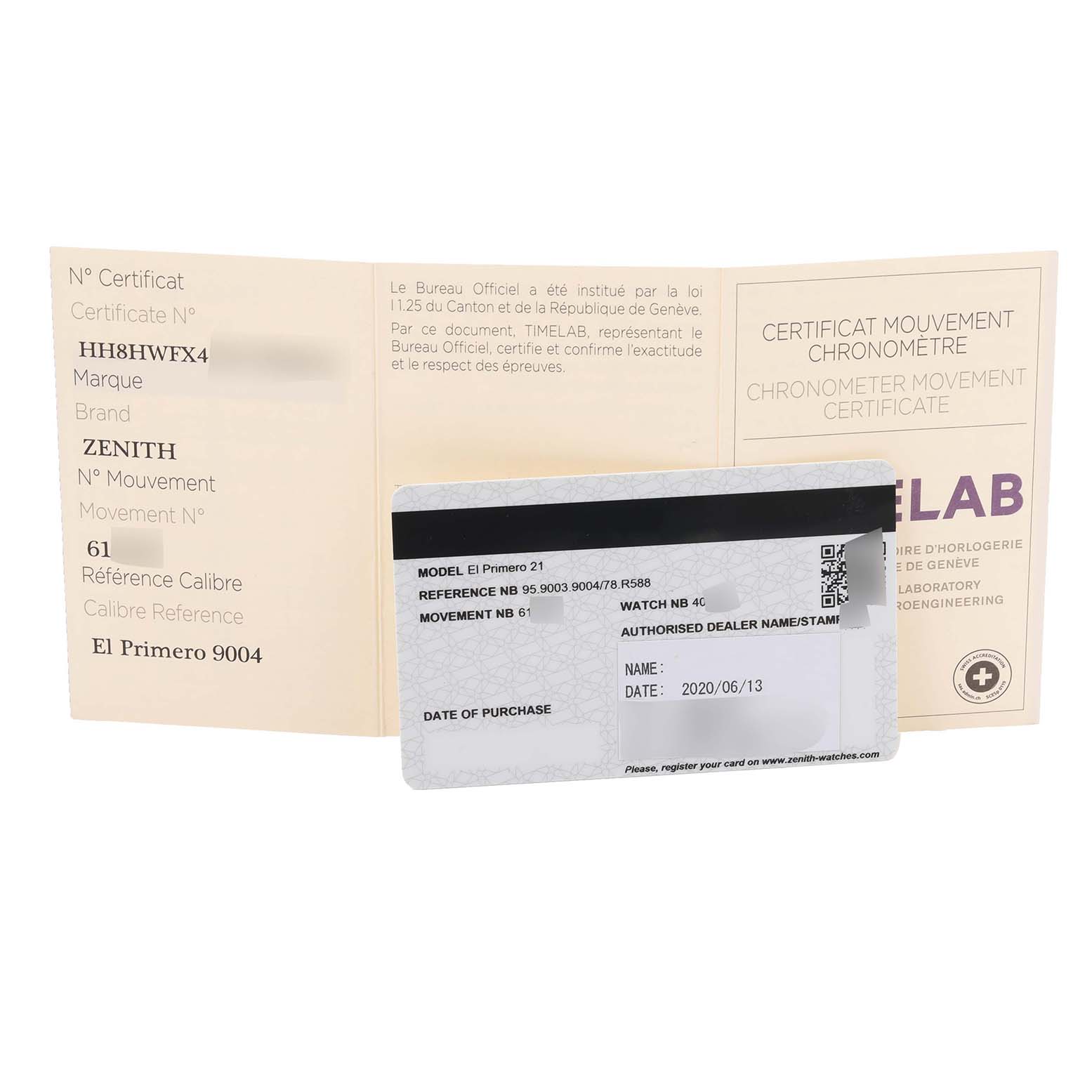 The image shows a Zenith Defy 95.9003.9004/78.R588 Men's Titanium Transparent Dial 95.9003.9004/78.R588 Men's Titanium Transparent Dial model certification card and booklet detailing the watch's chronometer movement.