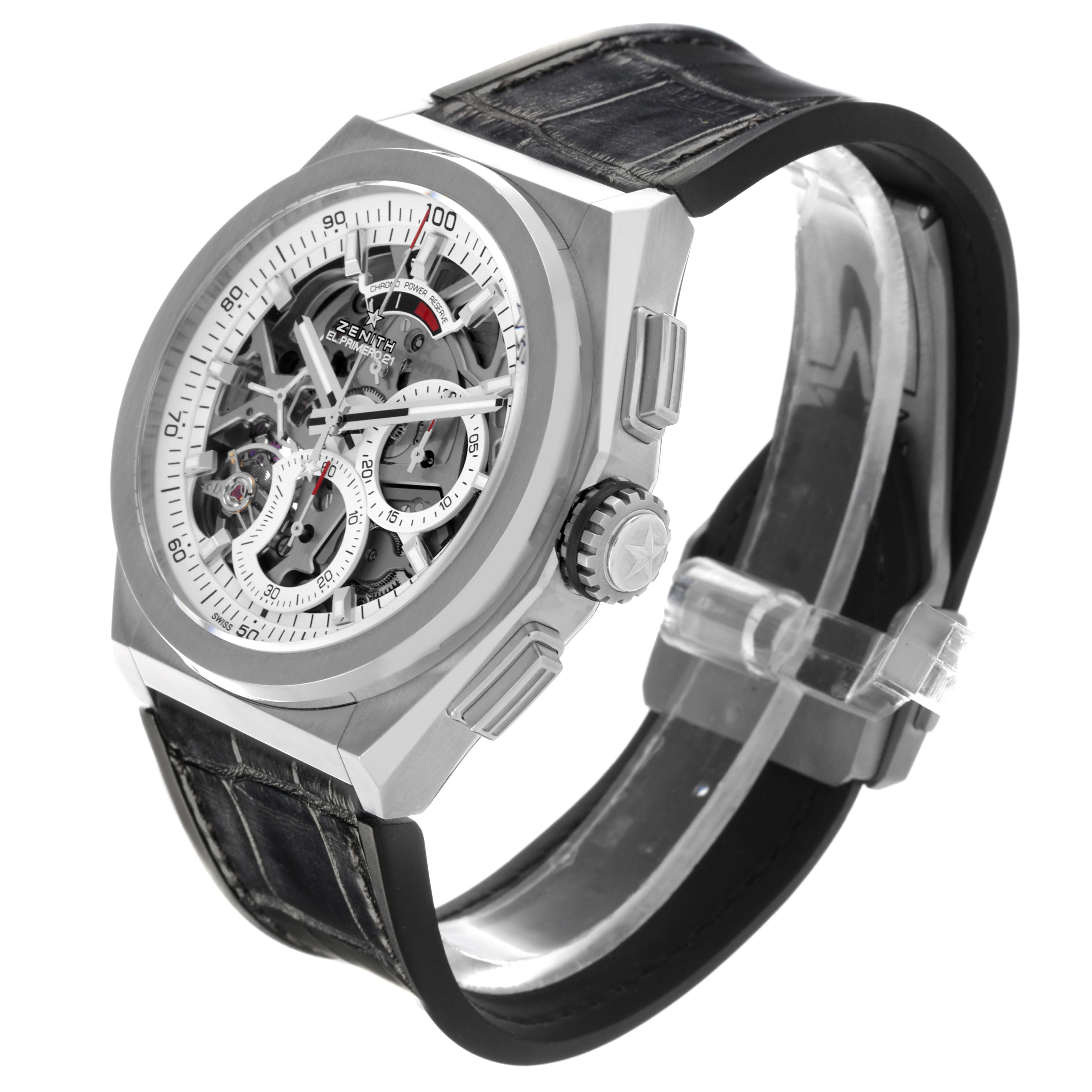 The image shows a Zenith Defy 95.9003.9004/78.R588 Men's Titanium Transparent Dial 95.9003.9004/78.R588 Men's Titanium Transparent Dial watch from a side angle, highlighting the skeleton dial, crown, and leather strap.