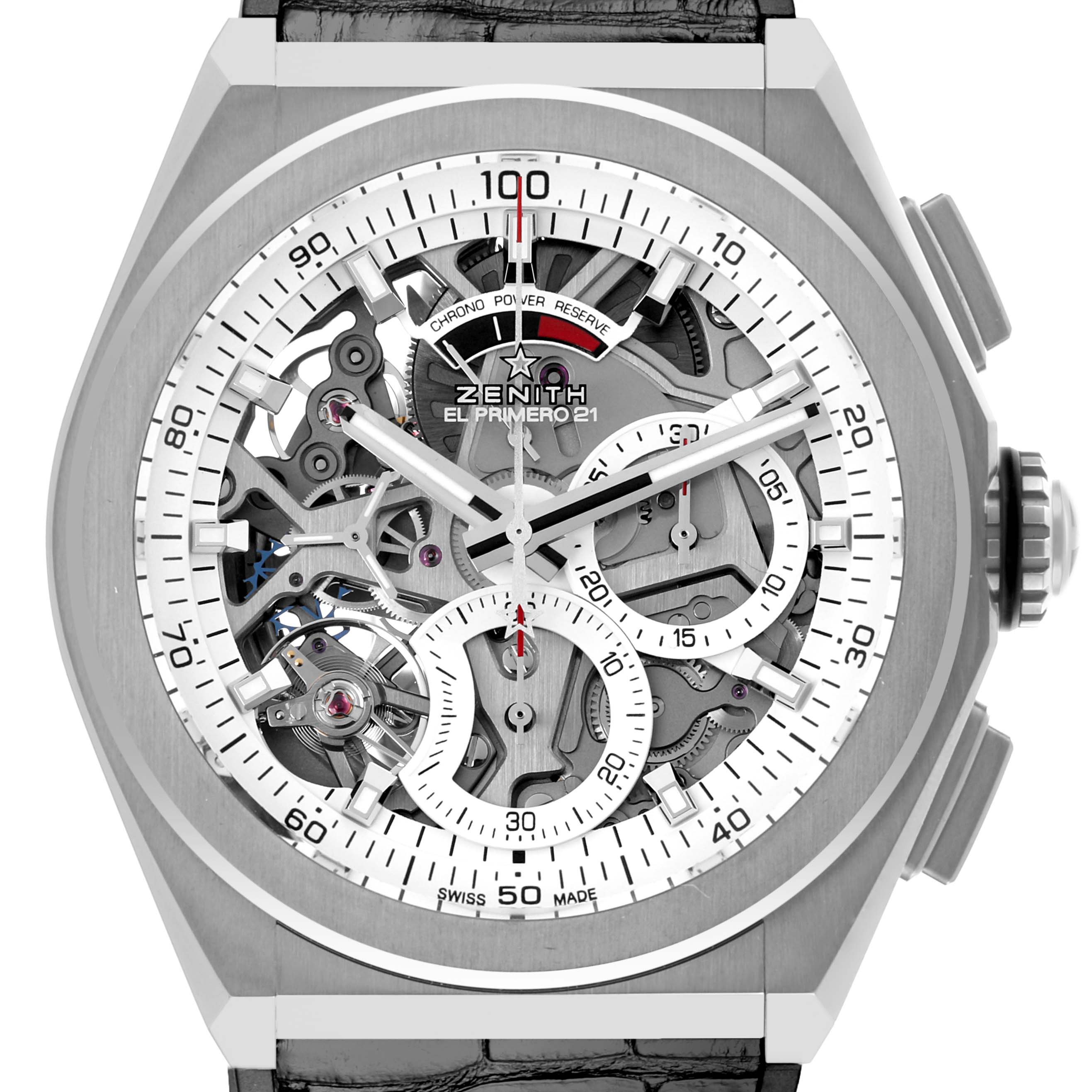 The image shows a close-up of the Zenith Defy 95.9003.9004/78.R588 Men's Titanium Transparent Dial 95.9003.9004/78.R588 Men's Titanium Transparent Dial watch face, highlighting its intricate skeleton dial and crown.