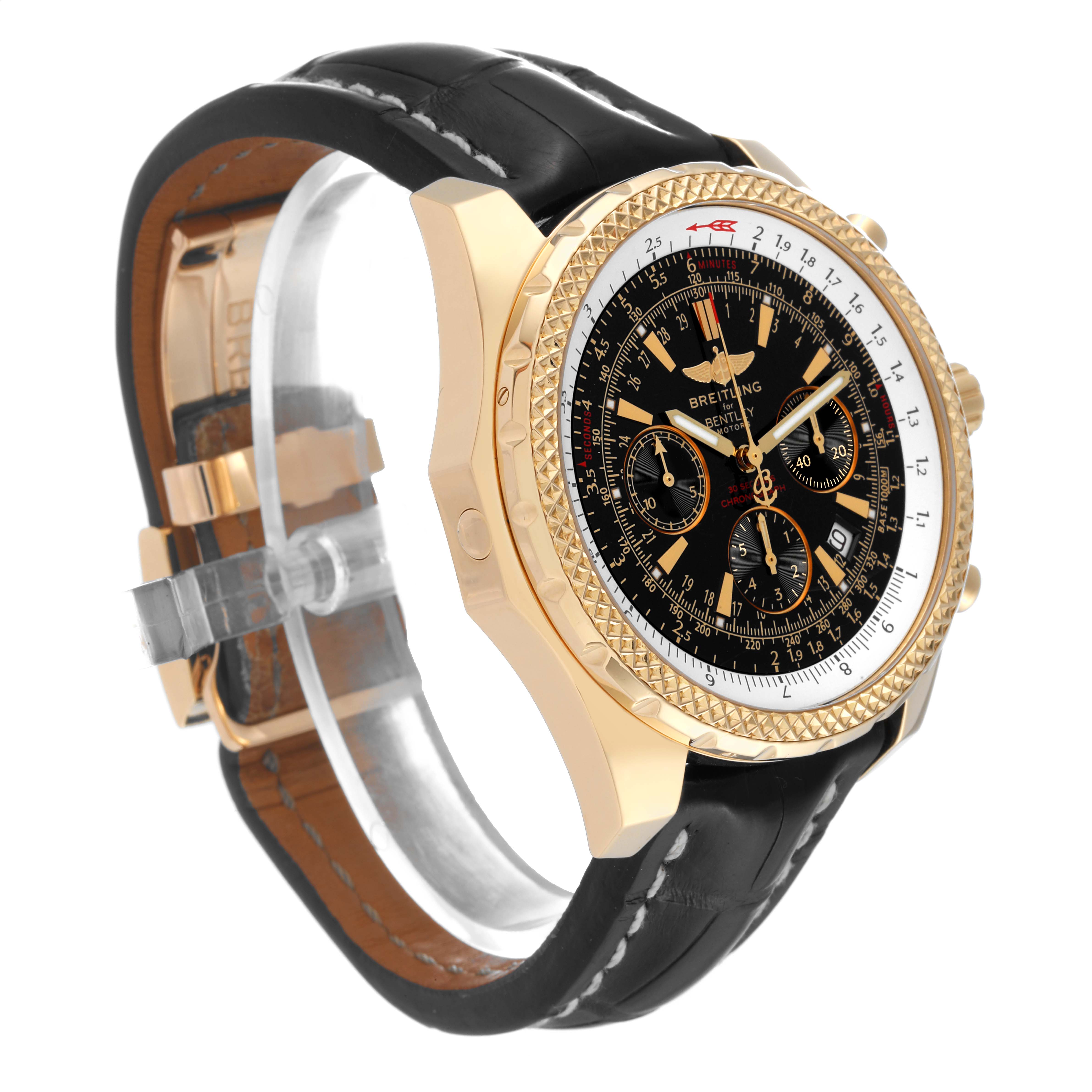 The image shows a side angle of the Breitling Bentley K25362 Men's Yellow Gold Black Dial K25362 Men's Yellow Gold Black Dial watch, highlighting its gold case, black dial, leather strap, and intricate bezel.