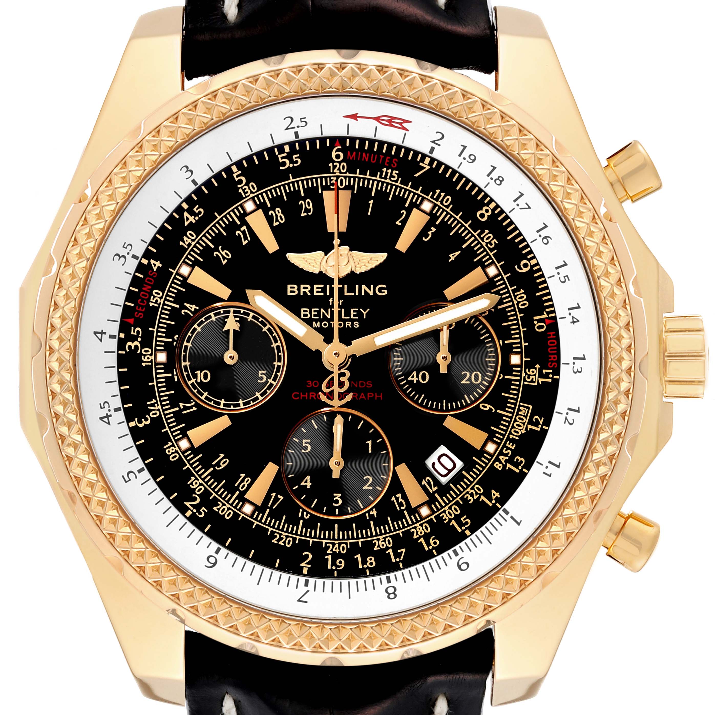The Breitling Bentley K25362 Men's Yellow Gold Black Dial K25362 Men's Yellow Gold Black Dial watch is shown from the front, displaying the watch face, bezel, crown, and pushers.