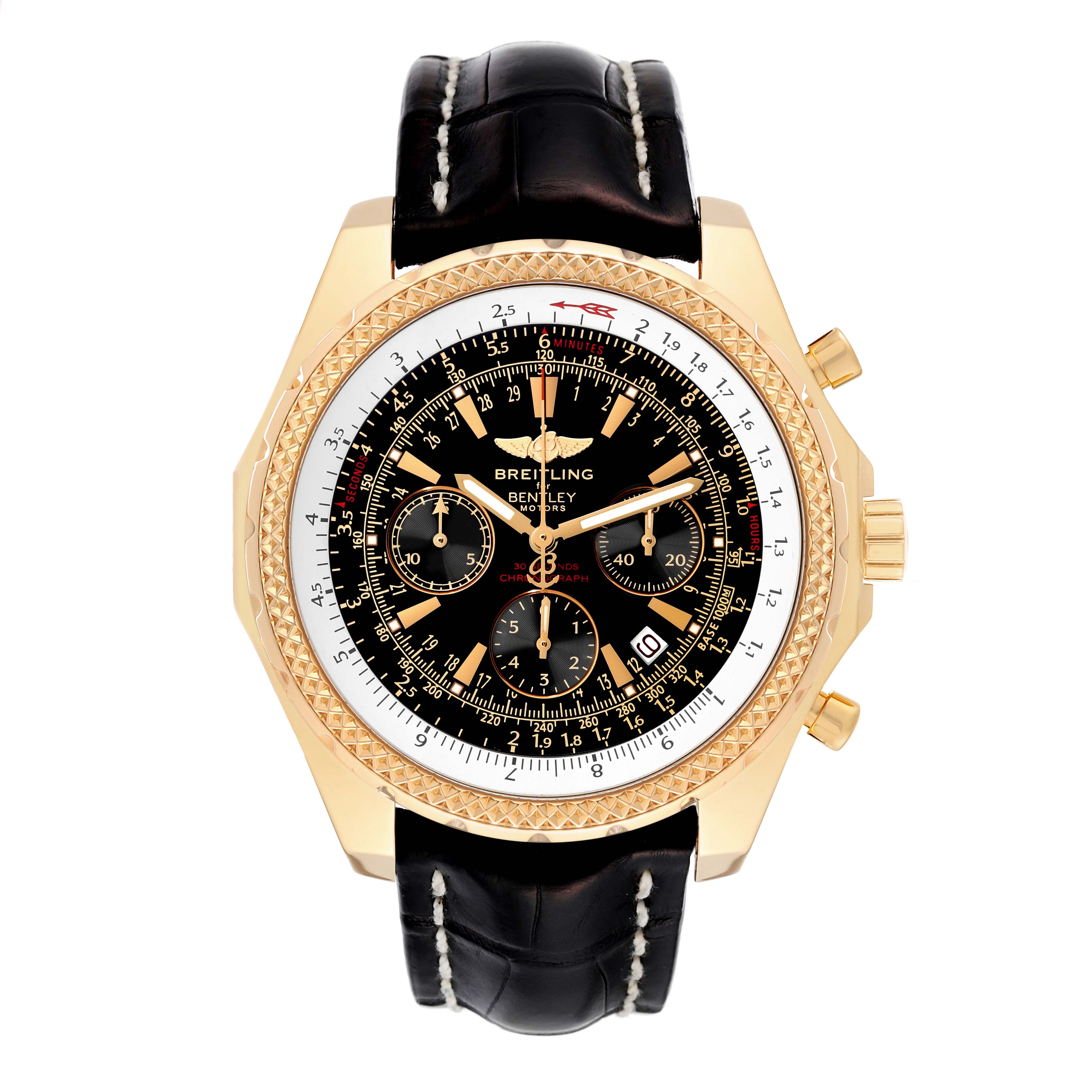 This image shows a front view of the Breitling Bentley K25362 Men's Yellow Gold Black Dial K25362 Men's Yellow Gold Black Dial watch, highlighting its face, bezel, and black leather strap.