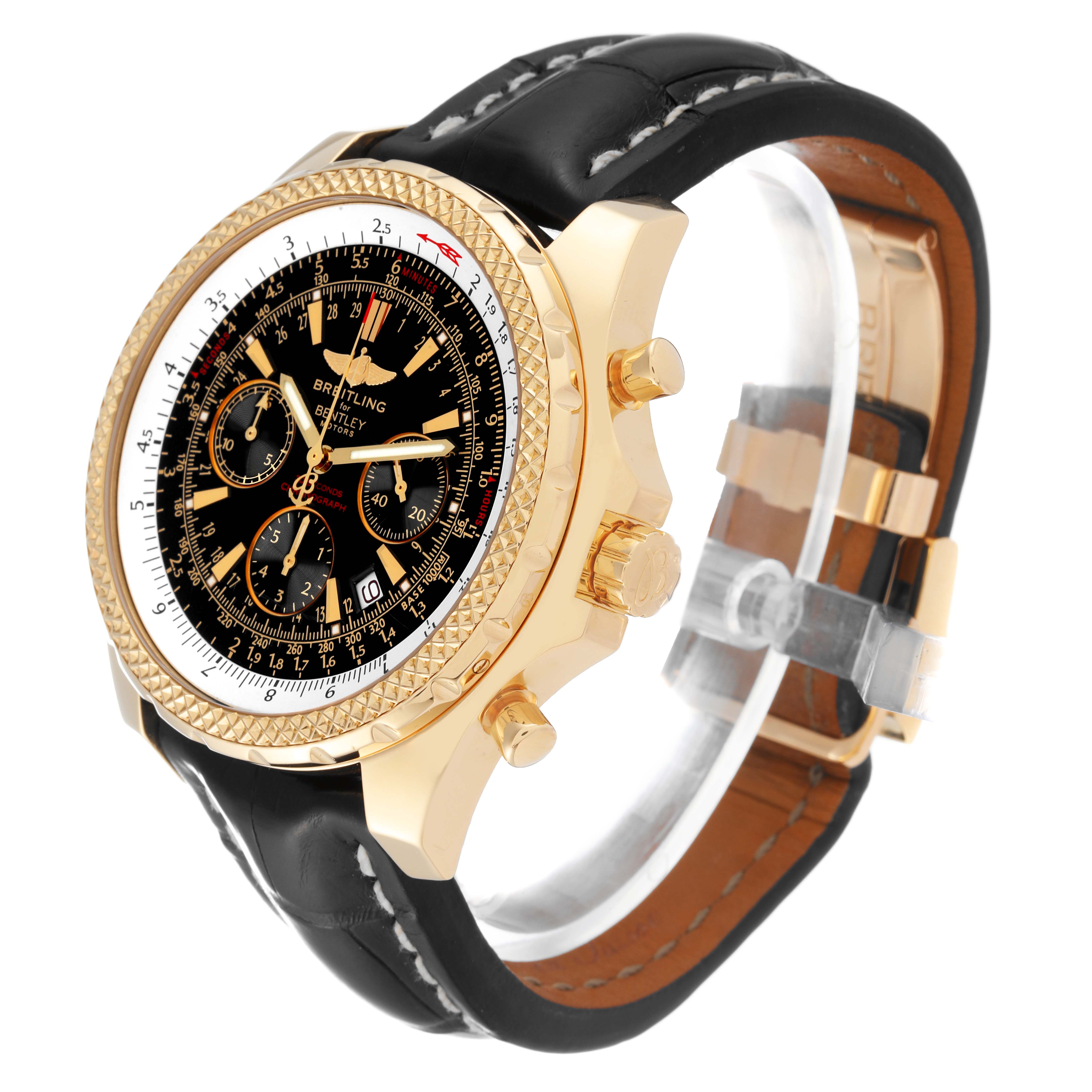 The Breitling Bentley K25362 Men's Yellow Gold Black Dial K25362 Men's Yellow Gold Black Dial watch is shown angled from the front-left, highlighting its gold case, black dial, and leather strap.