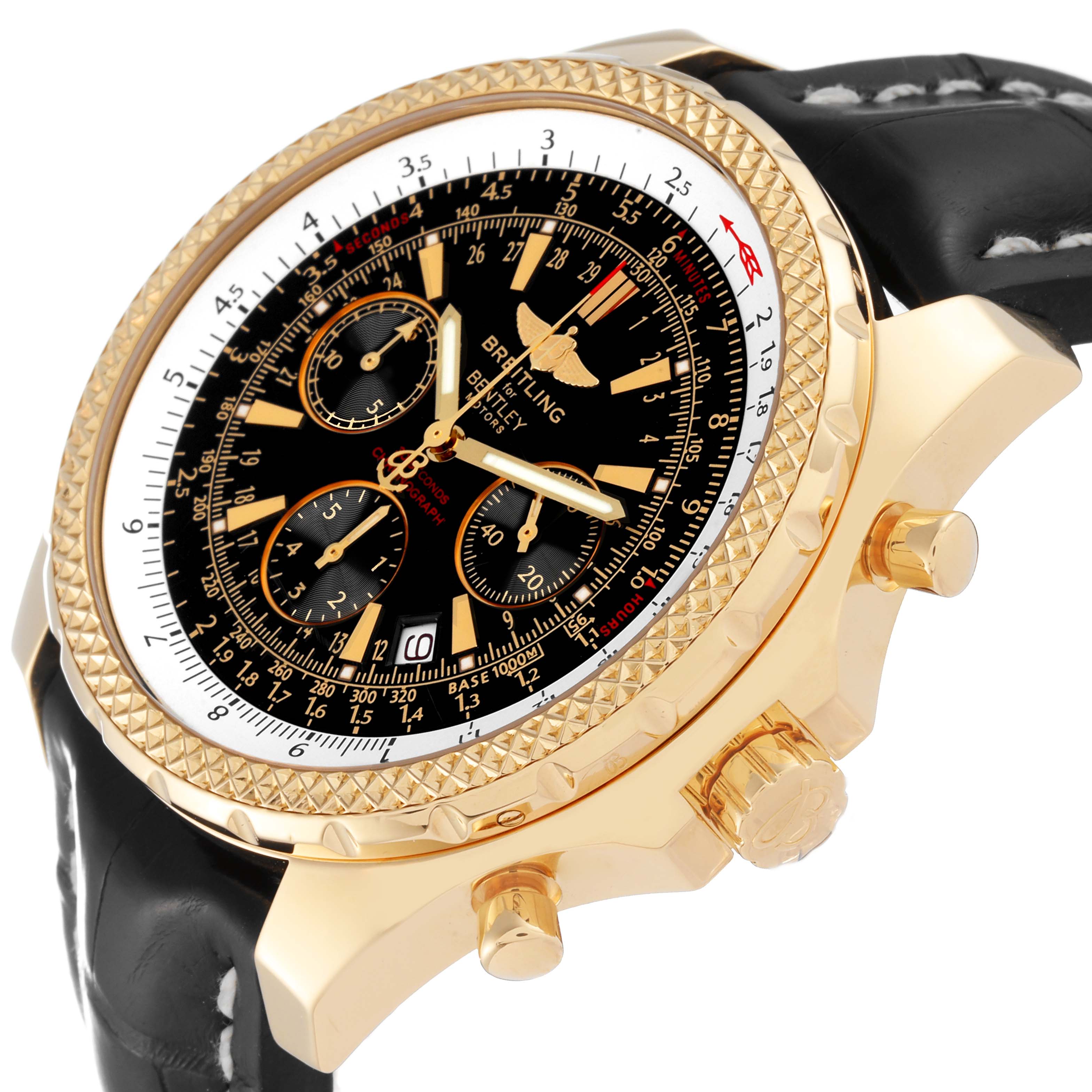 The watch, a Breitling Bentley K25362 Men's Yellow Gold Black Dial K25362 Men's Yellow Gold Black Dial model, is shown at a slight angle highlighting the face, bezel, crown, and part of the leather strap.