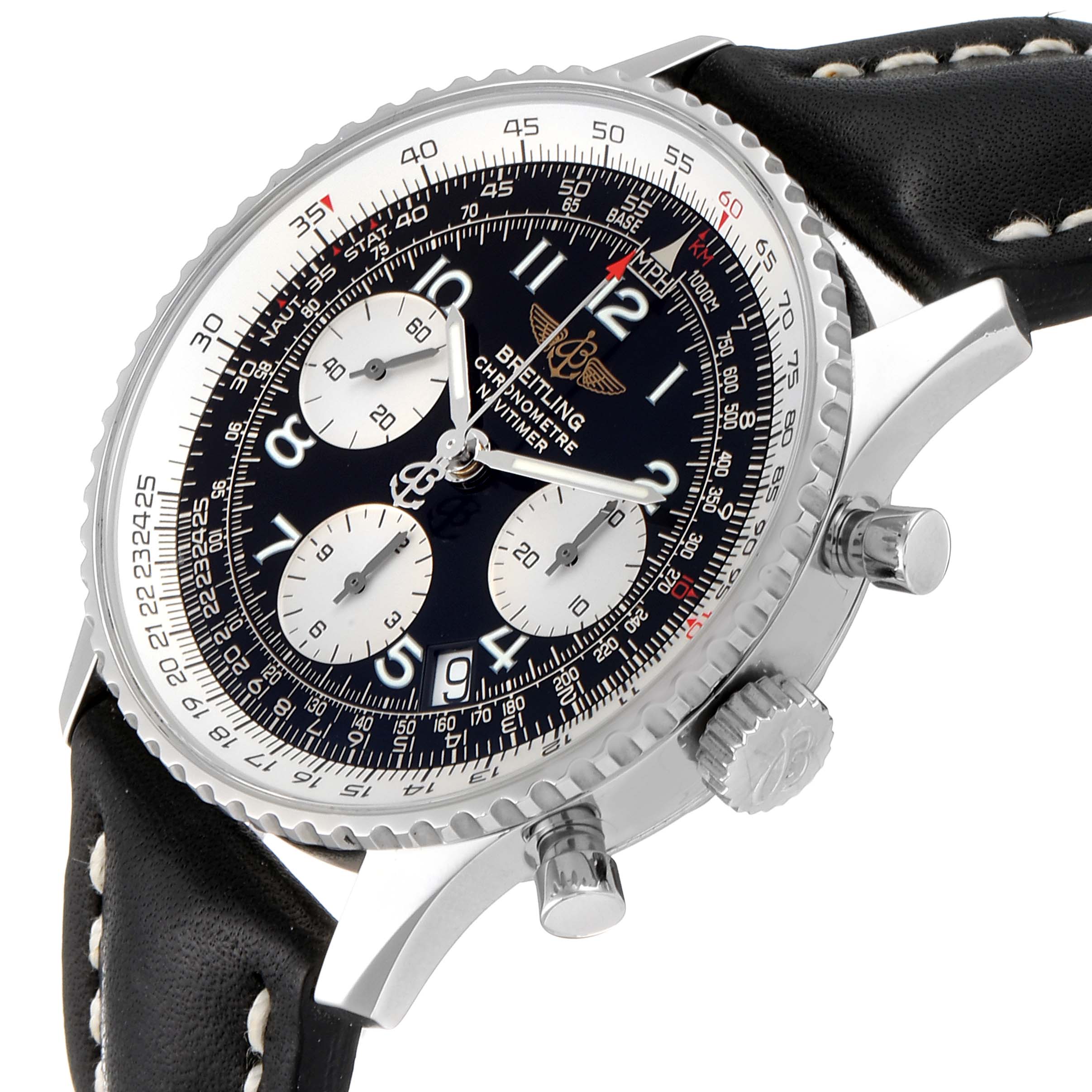 This image shows a close-up angle of the face and side buttons of the Breitling Navitimer A23322 Men's Stainless Steel Black Dial A23322 Men's Stainless Steel Black Dial watch, including its dial and leather strap.
