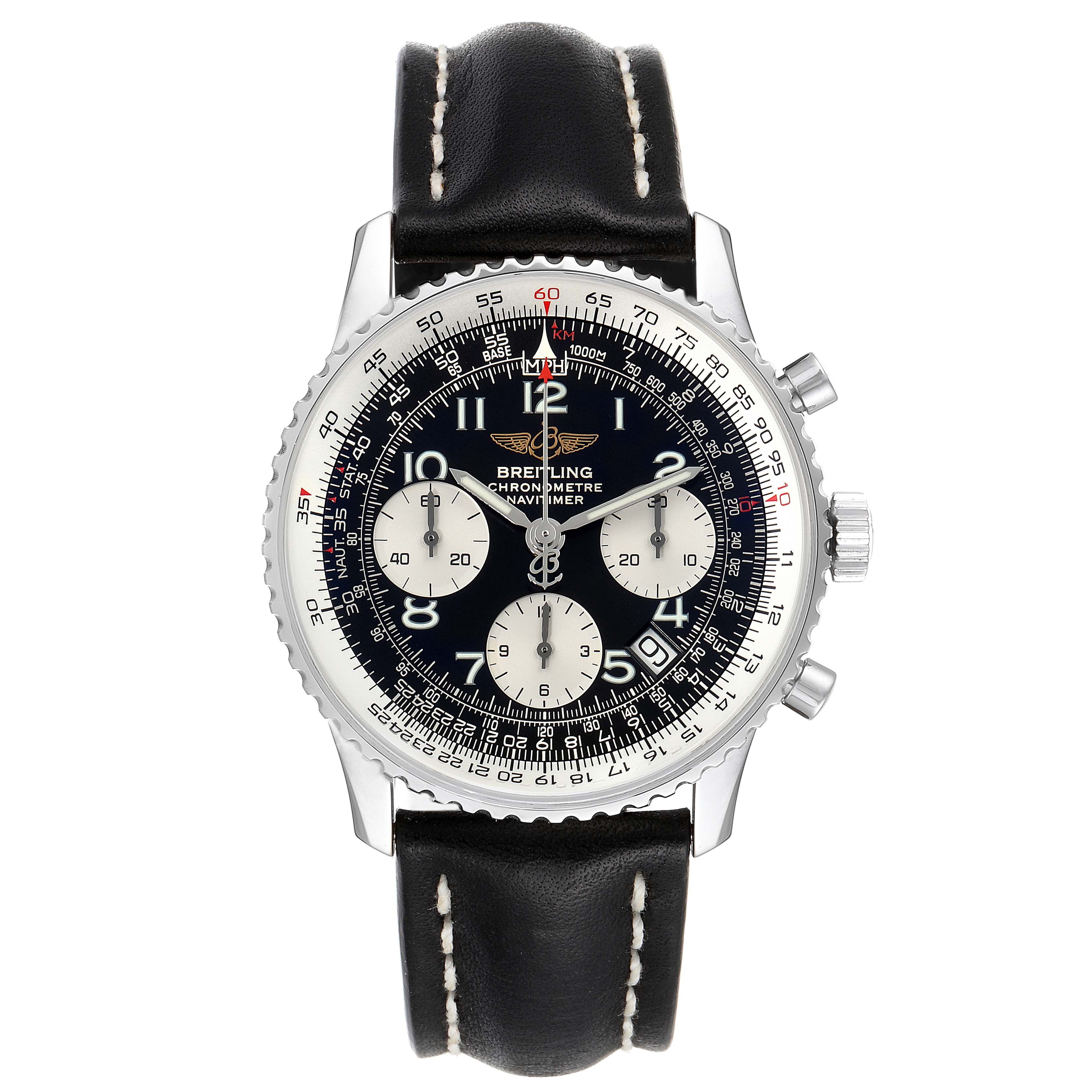 The image shows a front view of a Breitling Navitimer A23322 Men's Stainless Steel Black Dial A23322 Men's Stainless Steel Black Dial watch with a black leather strap and white stitching.