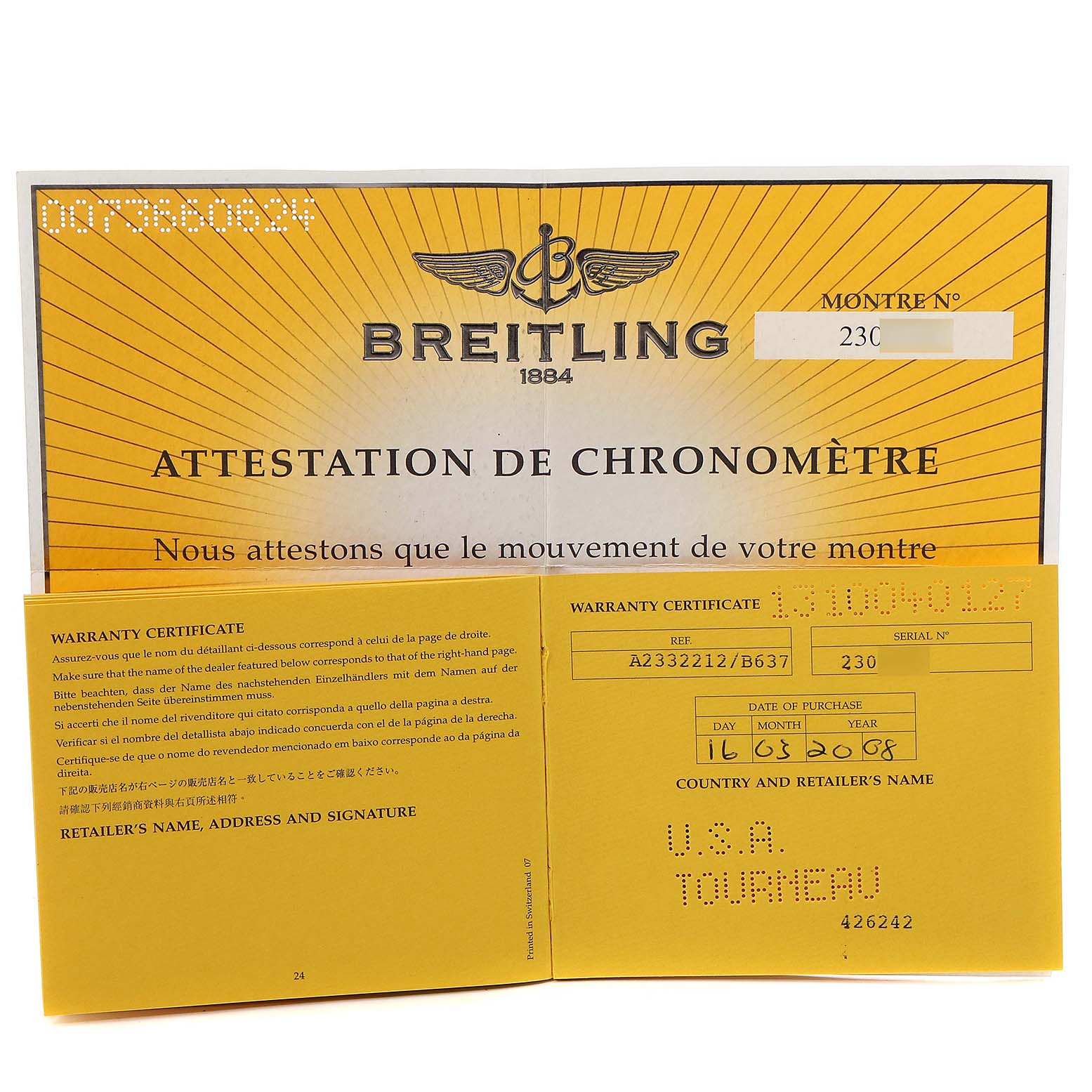 The image shows the warranty certificate and attestation de chronomètre for a Breitling Navitimer A23322 Men's Stainless Steel Black Dial A23322 Men's Stainless Steel Black Dial watch.