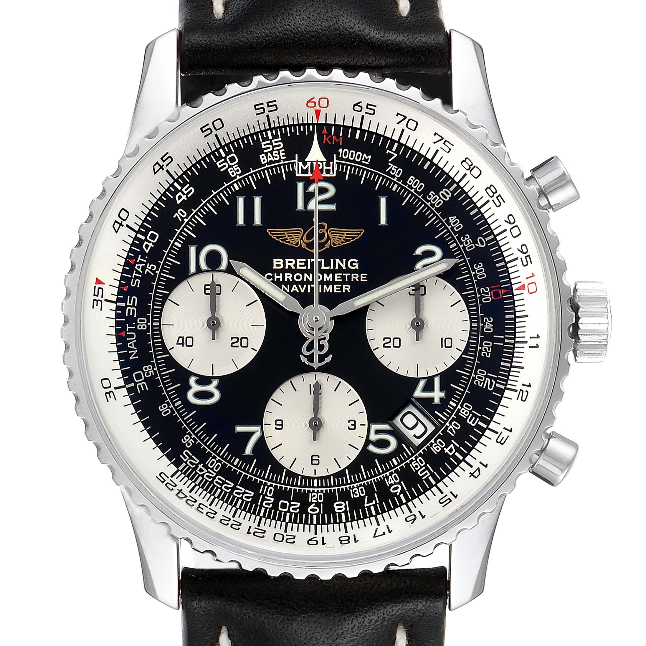 The image shows a front view of a Breitling Navitimer A23322 Men's Stainless Steel Black Dial A23322 Men's Stainless Steel Black Dial watch, highlighting its dial, bezel, and chronograph subdials.