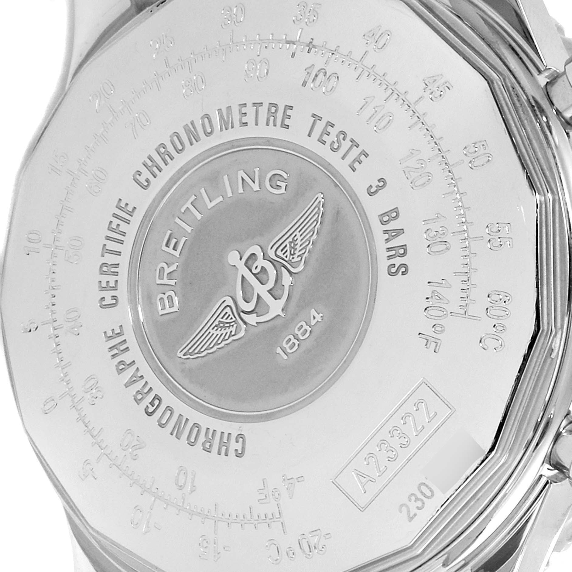 The image shows the back case of a Breitling Navitimer A23322 Men's Stainless Steel Black Dial A23322 Men's Stainless Steel Black Dial watch, highlighting the brand logo and engravings.