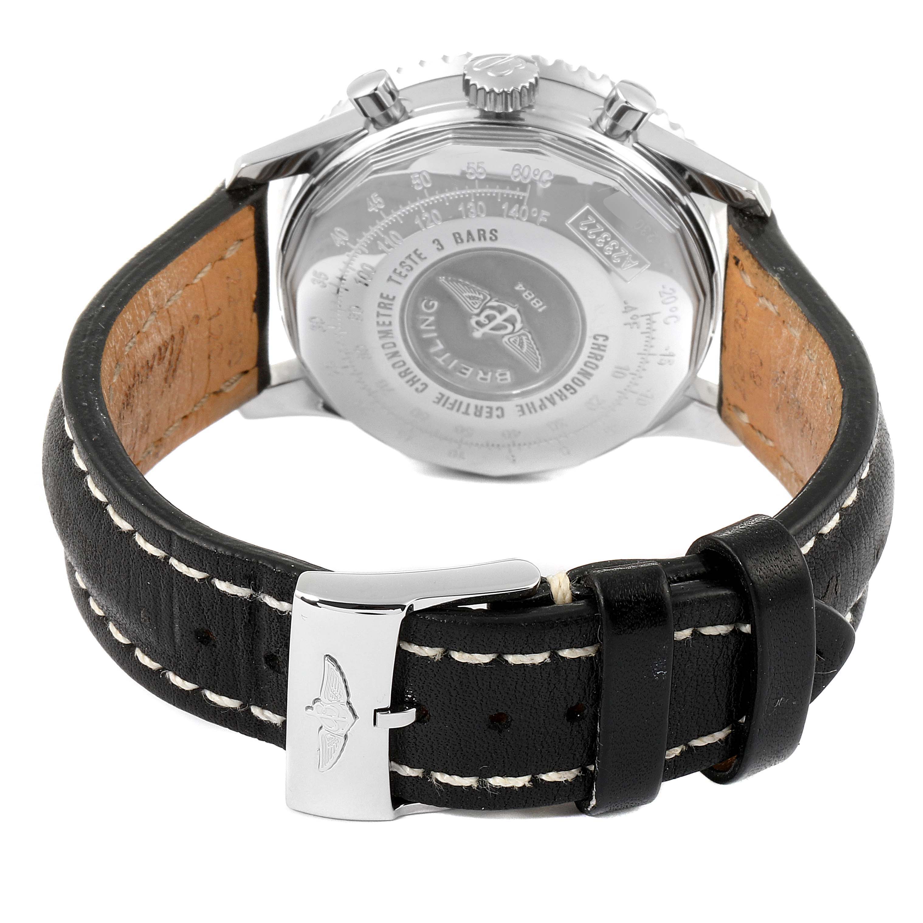 This image shows the back of the Breitling Navitimer A23322 Men's Stainless Steel Black Dial A23322 Men's Stainless Steel Black Dial watch with its case back and black leather strap.