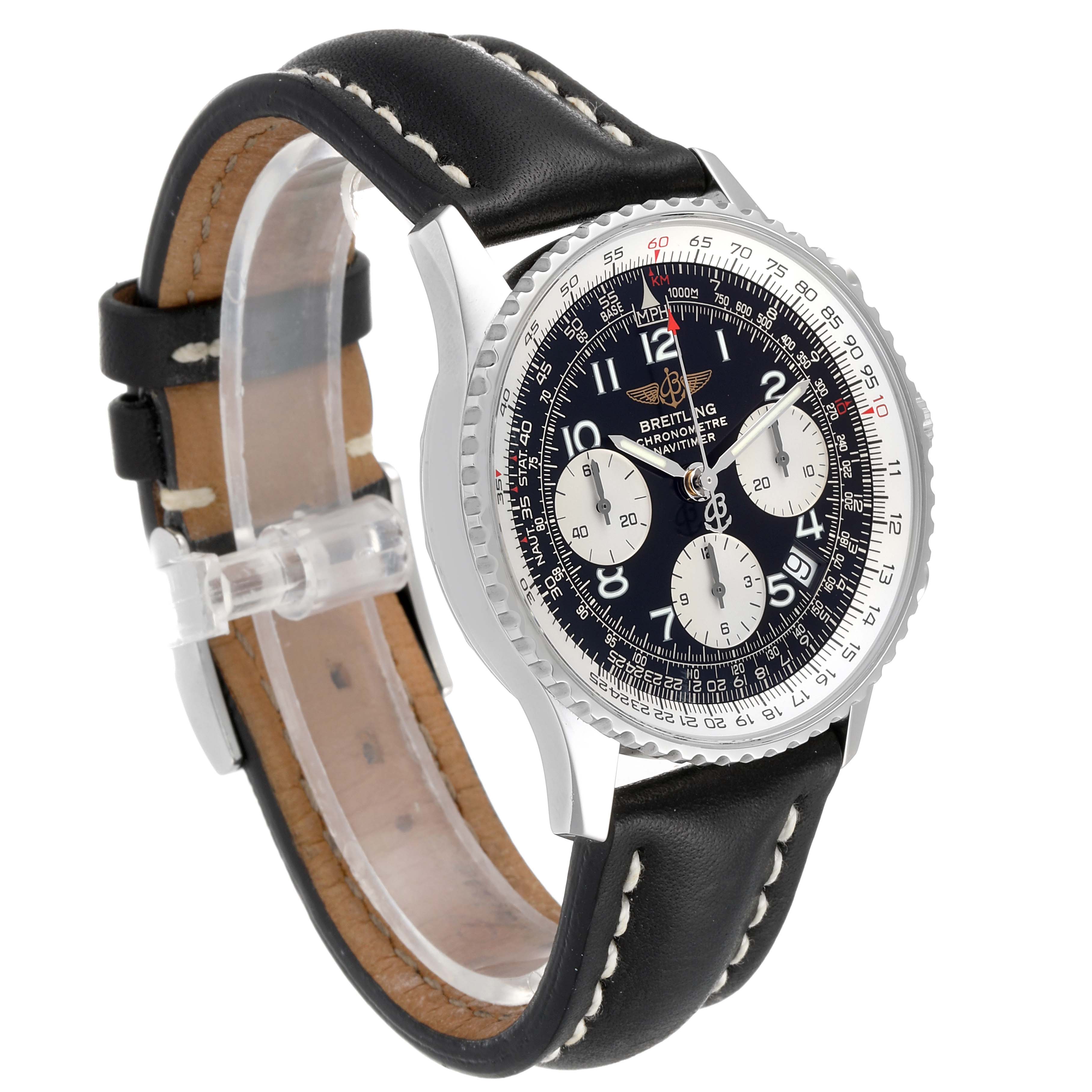 The Breitling Navitimer A23322 Men's Stainless Steel Black Dial A23322 Men's Stainless Steel Black Dial watch is shown at a three-quarter angle, displaying the face and black leather strap.