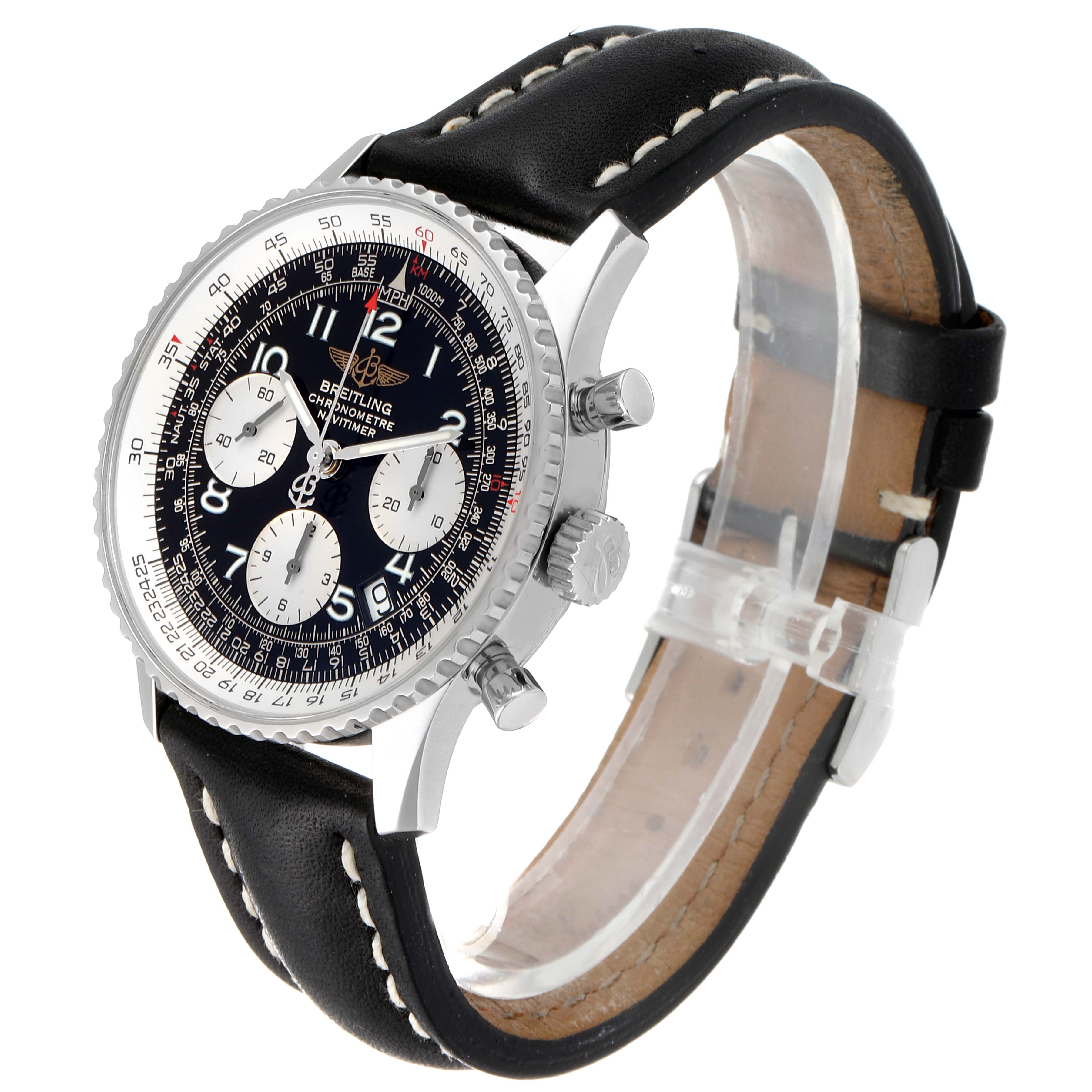 The image shows a side angle of a Breitling Navitimer A23322 Men's Stainless Steel Black Dial A23322 Men's Stainless Steel Black Dial watch, featuring its black leather strap and detailed chronograph face.