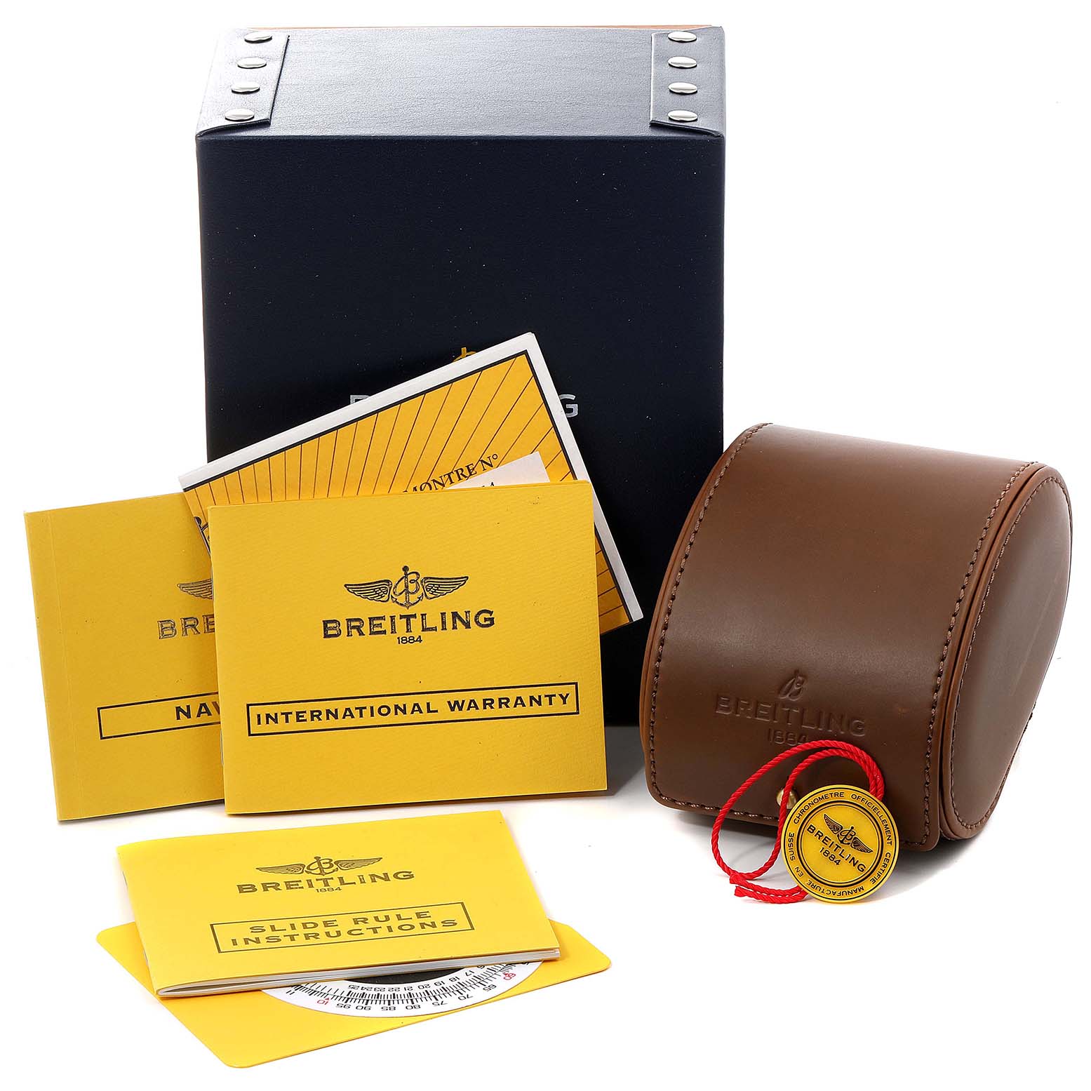 The image shows packaging, manuals, warranty cards, and a case for the Breitling Navitimer A23322 Men's Stainless Steel Black Dial A23322 Men's Stainless Steel Black Dial watch.