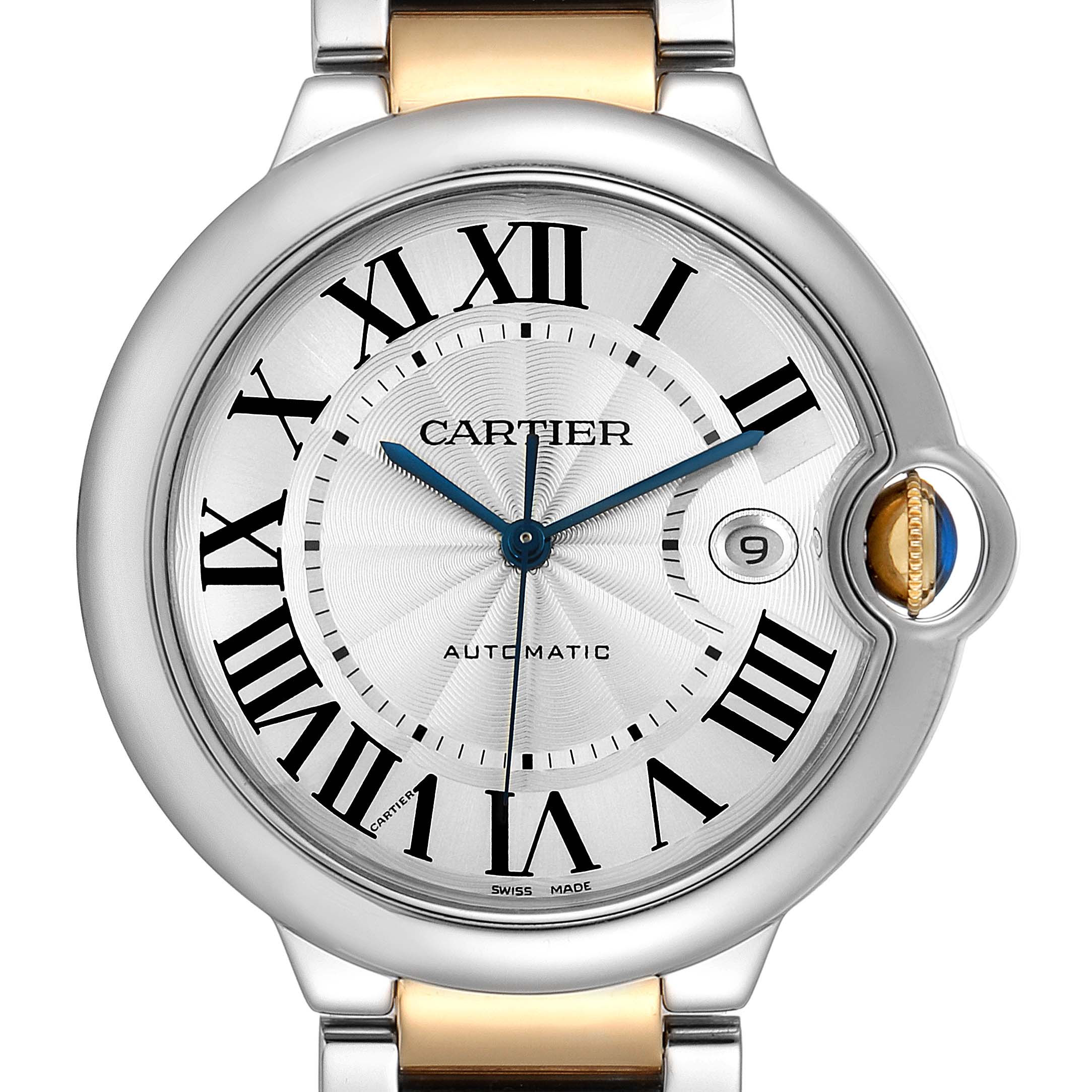 The image shows a close-up front view of the dial and bezel of a Ballon Bleu watch by Cartier.