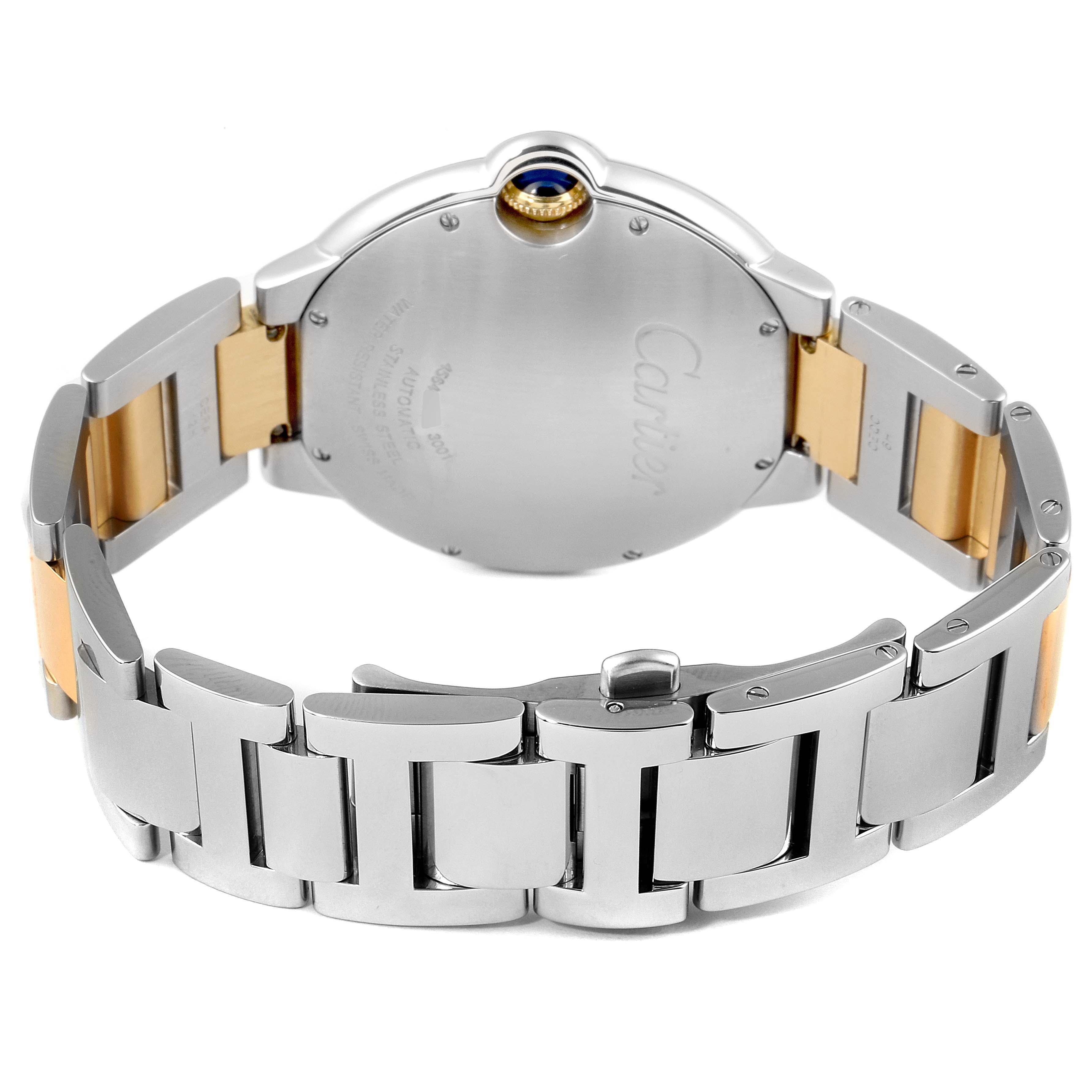 The image shows the back view of the Ballon Bleu de Cartier watch, highlighting the case back and the dual-tone metal bracelet.