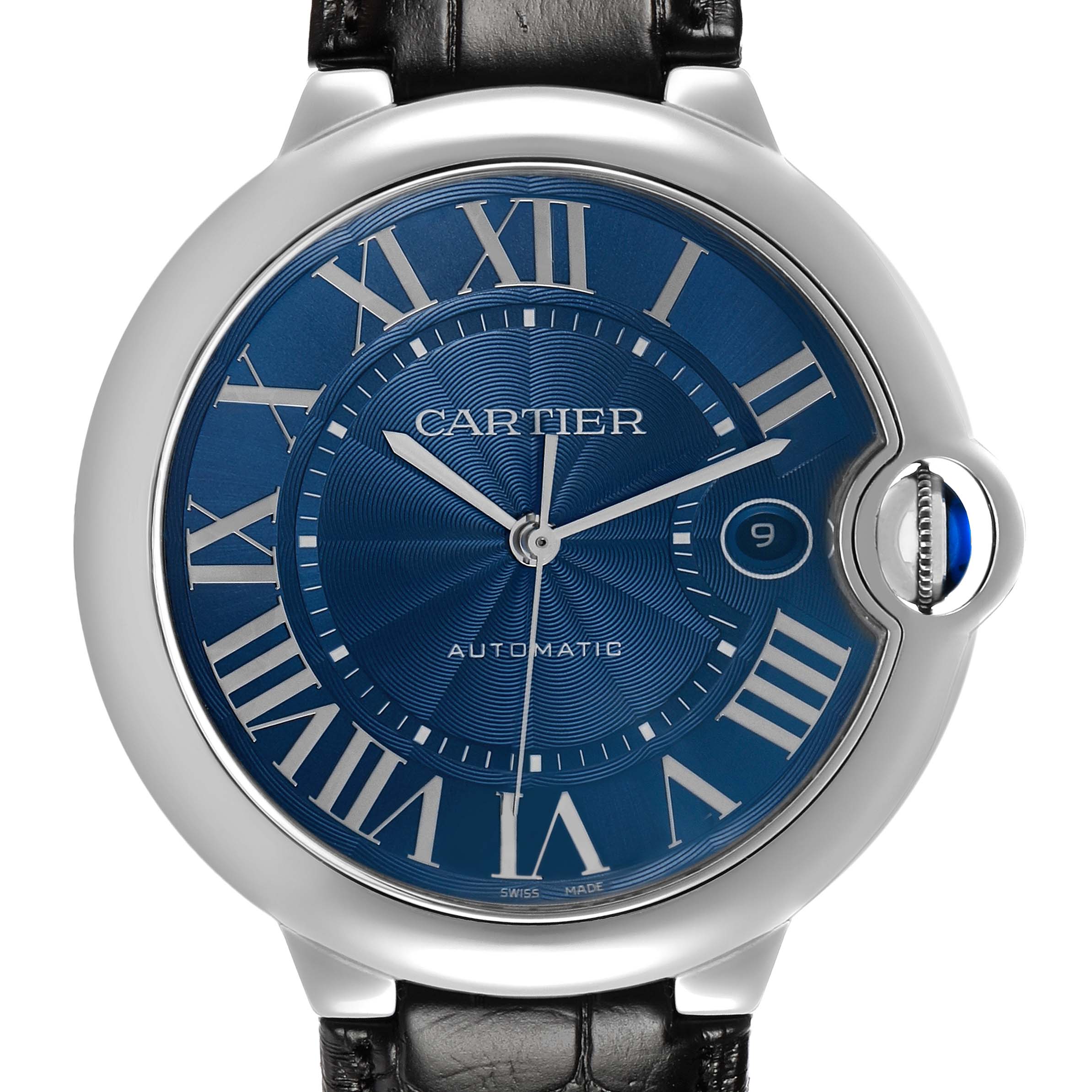 The Cartier Ballon Bleu WSBB0027 Men's Stainless Steel Blue Dial watch is shown from the front, highlighting its blue dial, Roman numerals, and distinctive crown design.