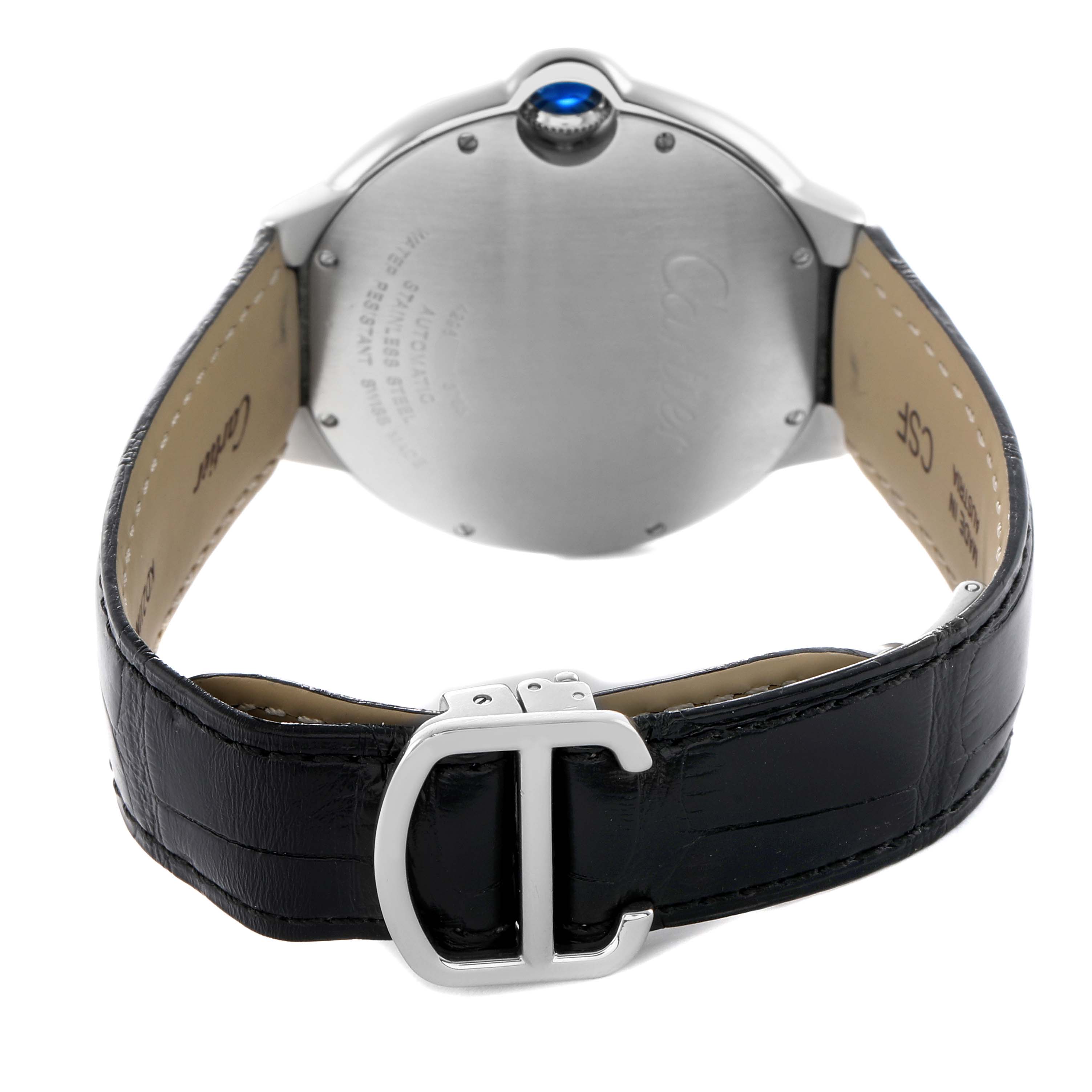 The Cartier Ballon Bleu WSBB0027 Men's Stainless Steel Blue Dial watch is shown from the back, featuring its clasp, leather strap, and case back.