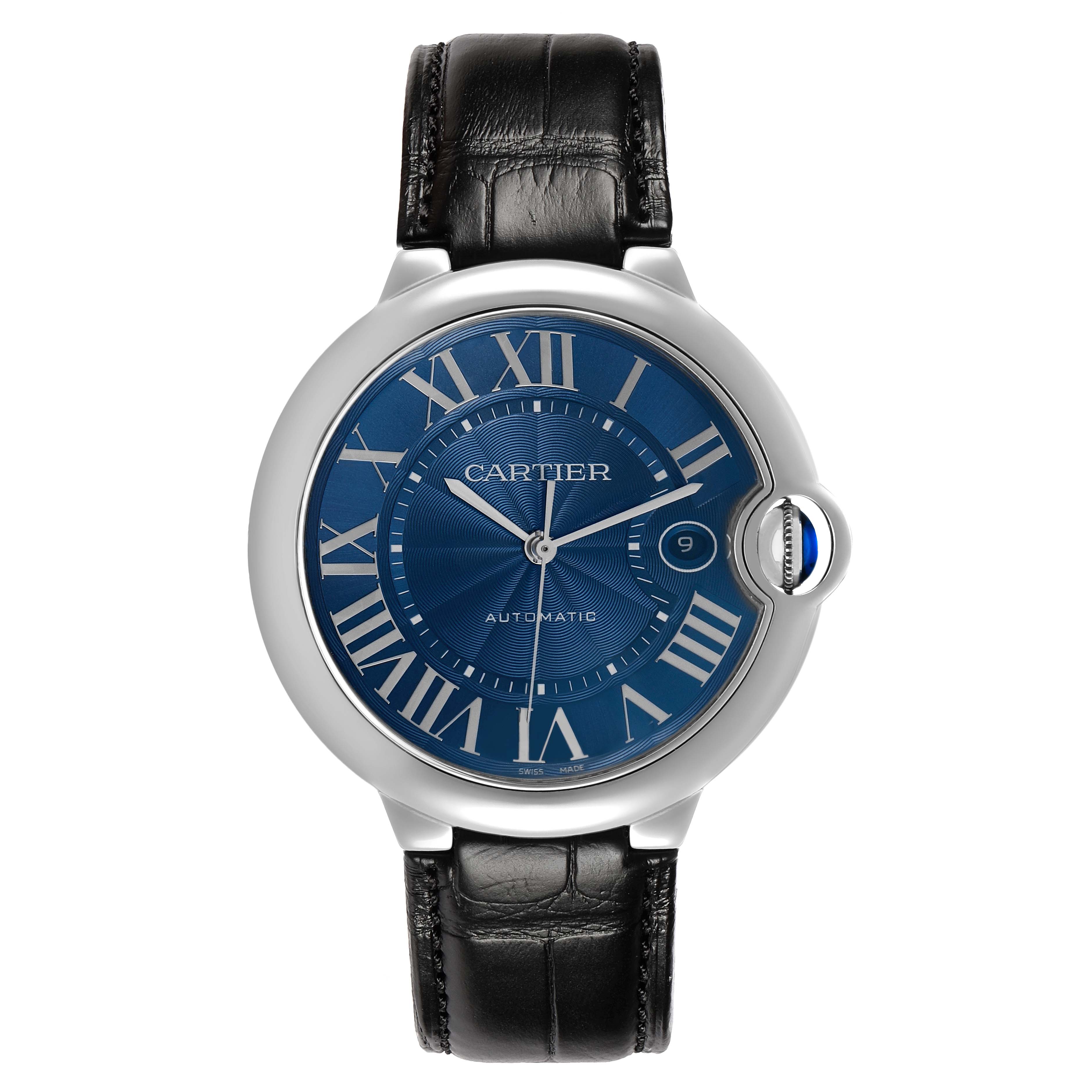 The Cartier Ballon Bleu WSBB0027 Men's Stainless Steel Blue Dial watch is shown from the front, displaying its blue dial, Roman numerals, and leather strap.