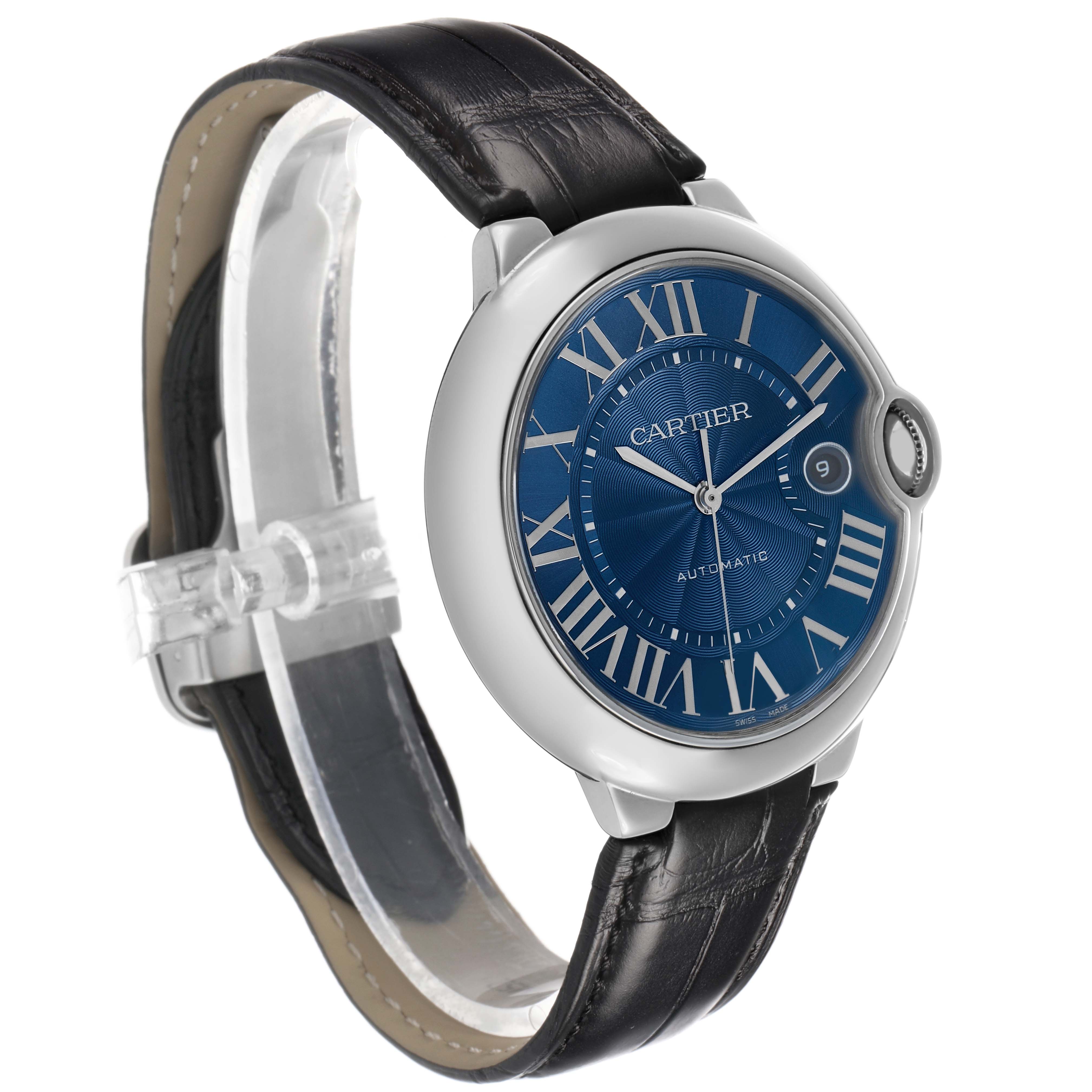The Cartier Ballon Bleu WSBB0027 Men's Stainless Steel Blue Dial watch is shown at a slight angle, displaying the face, Roman numerals, and leather strap.