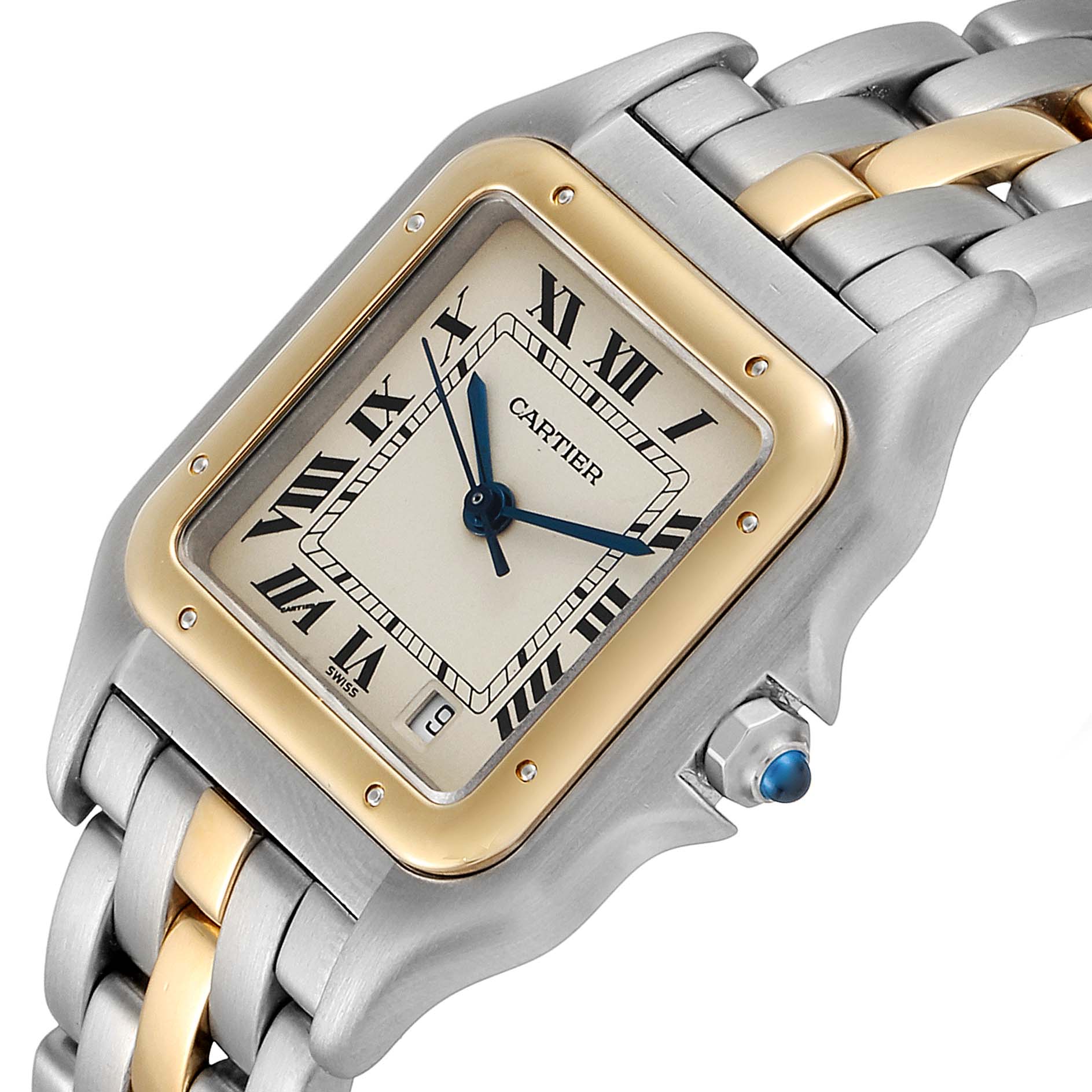 The image shows a close-up, angled view of the face and part of the bracelet of the Cartier Panthere W25028B5 Men's Steel and Gold (two tone) Silver Dial W25028B5 Men's Steel and Gold (two tone) Silver Dial watch.